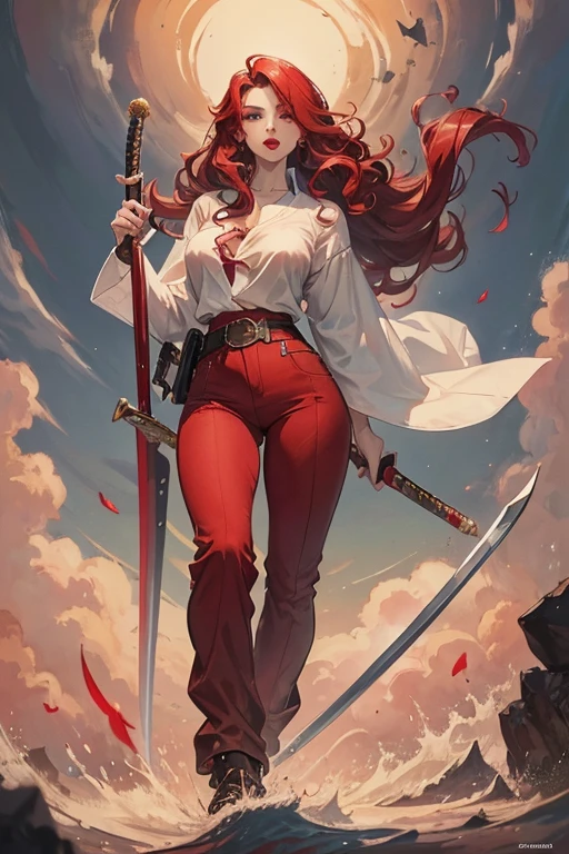 A medium breasted redhead holding a sword, wide hips, thin waist, beautiful full red lips, lush wavy hair, long torpedo shaped tits, brown pants, loose white blouse