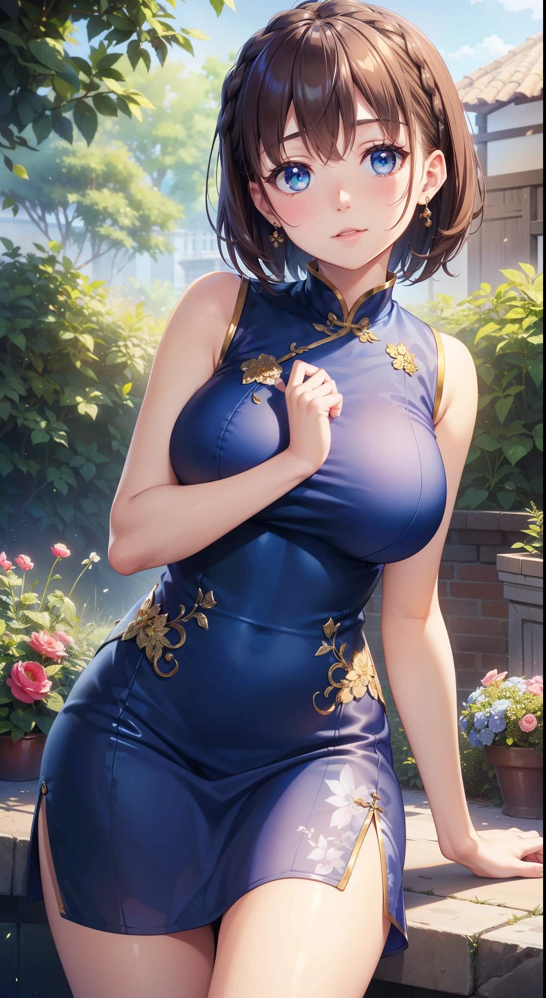 1girl, natural lighting, masterpiece, highly detailed, illustration, game CG, absurdres, high quality, glossy lips, aichan, large breasts, blue eyes, beautiful detailed eyes, short brown hair, side braid, (sleeveless short cheongsam), garden,