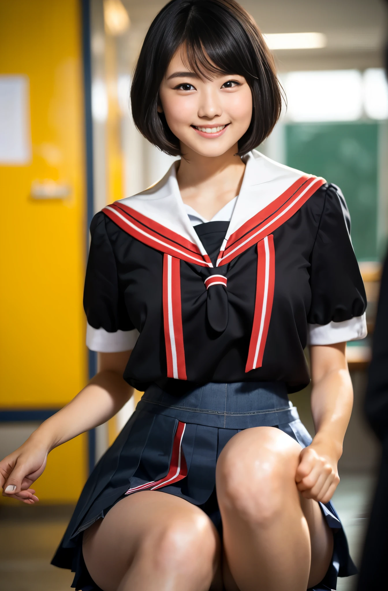 (8k、Raw photography、highest quality、masterpiece:1.2),(Black-haired、Very short hair:1.8),(:1.3)、View your audience,Viewed from the front,White skin,(high school girl、school uniform:1.6)、(Tight waist:1.6)、(Clothes that accentuate the shape of the breasts:1.0)、(Big Breasts :1.3)、Slim figure、Ultra-high resolution,beautiful,beautiful fece,(one person、No background:1.9),whole bodyボディー,Japanese women,(reality的:1.37)、Photon Mapping,reality、(Baby-faced and cute: 1.4)、(Cute Smile: 1.8)、(Round face: 1.8)、Radio City、Physically Based Rendering、Depth of field rally background、photograph, (I can see your knees、Thigh close-up:1.8),(barefoot:1.5),whole body、Great quality