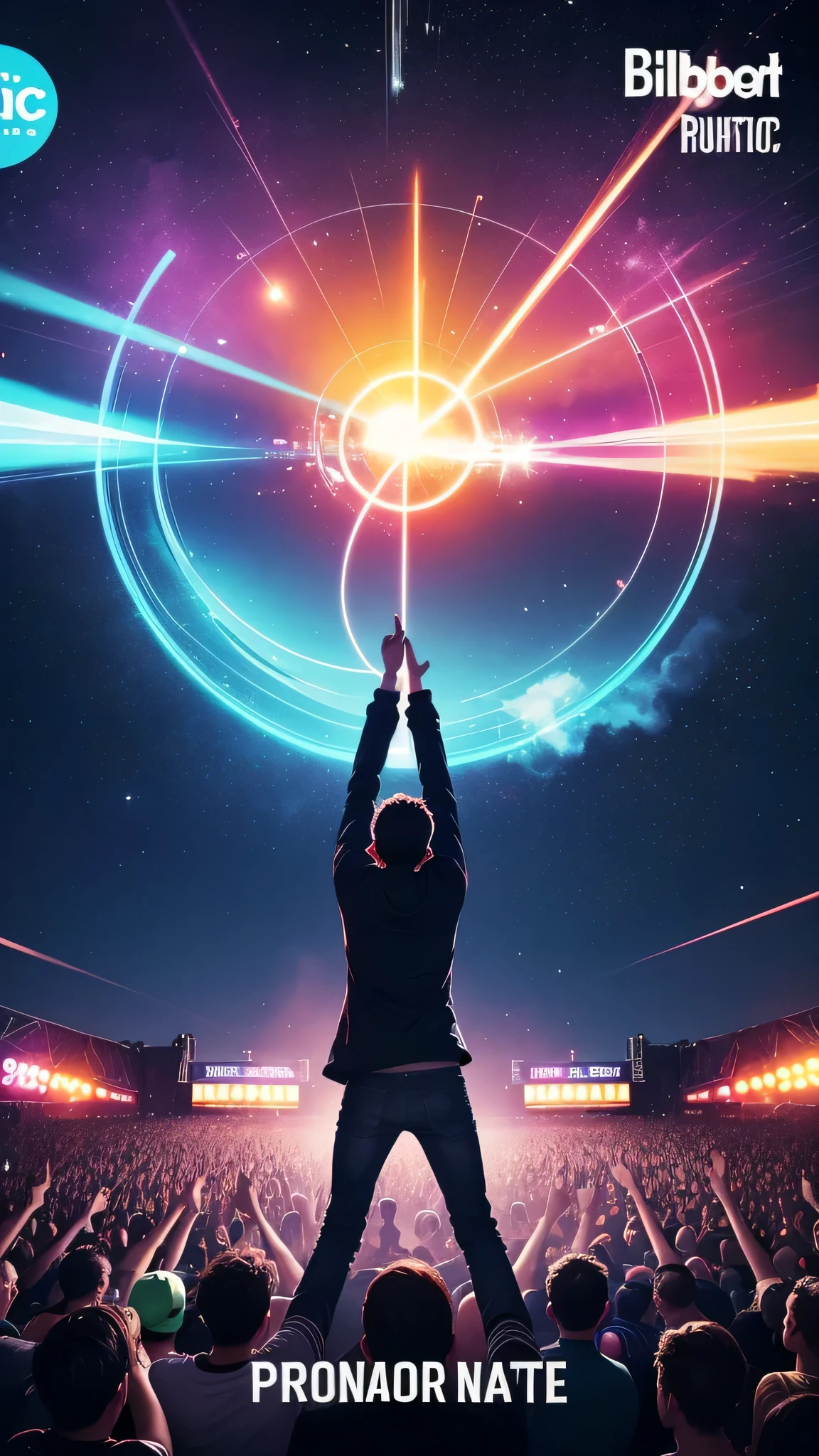 beautiful conceptual and concise cover for a single in the genre of energetic music for stores and events, the cover should make you want to click and listen, fun energetic atmosphere of the cover, free space for the track title, high quality, track for festivals, billboard