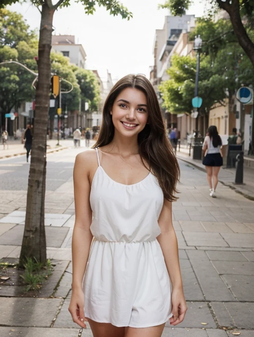 The 27-year-old brunette radiates joy and confidence. Your smile is contagious. She is wearing an elegant dress, a white sleeveless shirt and dark blue shorts that reach mid-thigh., destacando suas coxas grandes . The shirt has a low neckline that highlights your medium breasts. , adding a touch of sophistication to your look.
Your eyes are green , Around the square some trees stand out. The scene is peaceful and inviting, um retrato perfeito de uma tarde na cidade. The young brunette with her contagious smile is the star of this urban scene.