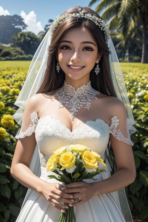 melhor qualidade, Obra de arte, ultra high resolution, (Fotorrealista:1.4), Foto CRU, 1 garota, vestido branco, fora do ombro, florescer campo de flores, pele brilhante, sorriso leve