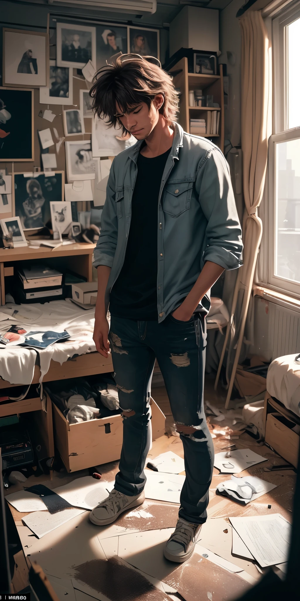 (masterpiece, best quality), 1man, messy hair, messy room, looking forward, photographer