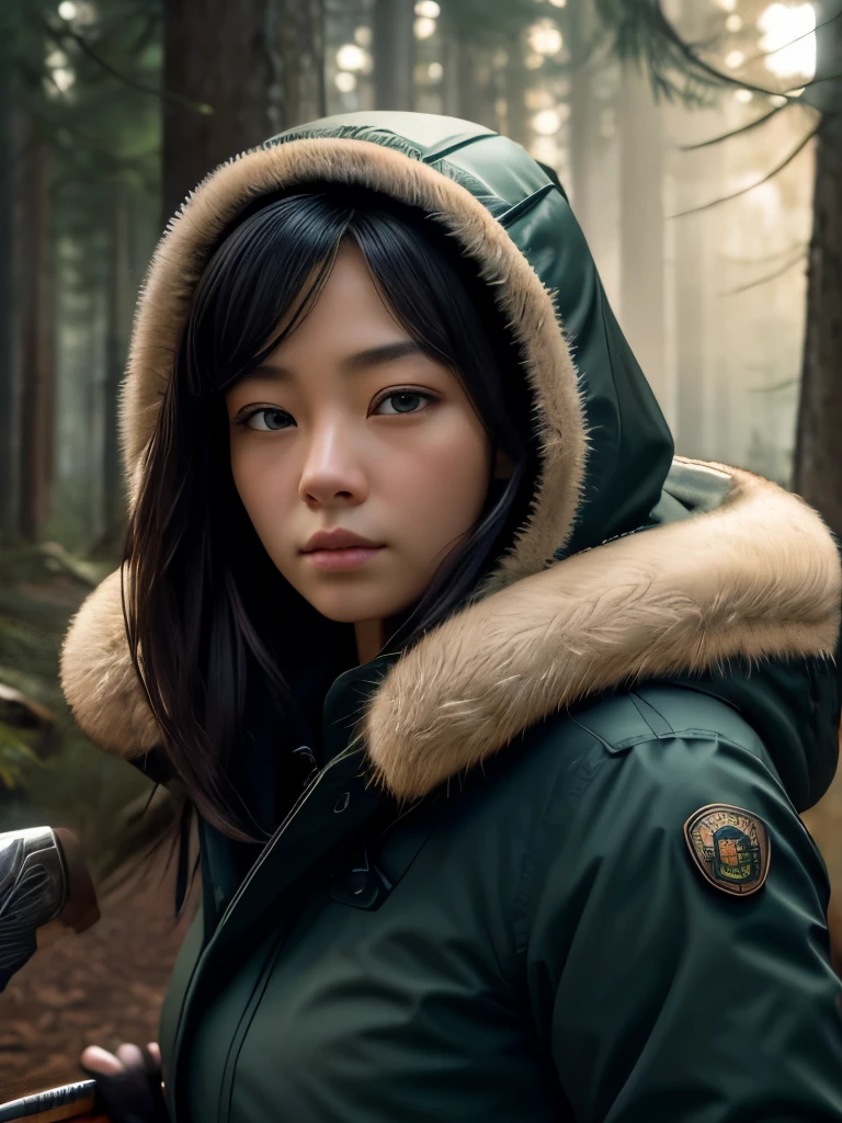 (highest quality、masterpiece、Ultra-detailed、High resolution、Realistic、Photorealistic、Very delicate and beautiful、Incredible detail、Best illustrations、Dramatic lighting、Sharp focus)、Focus on the face、whole body((Beautiful young woman、Mountain parka、White gloves))、Looking at the audience、Combat Ready、carrying a huge hammer、Dark blue eyes、Long black hair、Japanese women、Serious face、Sharp eyes、Detailed hand drawing、Realistic face resolution、Campsite in the forest、Dynamic Action