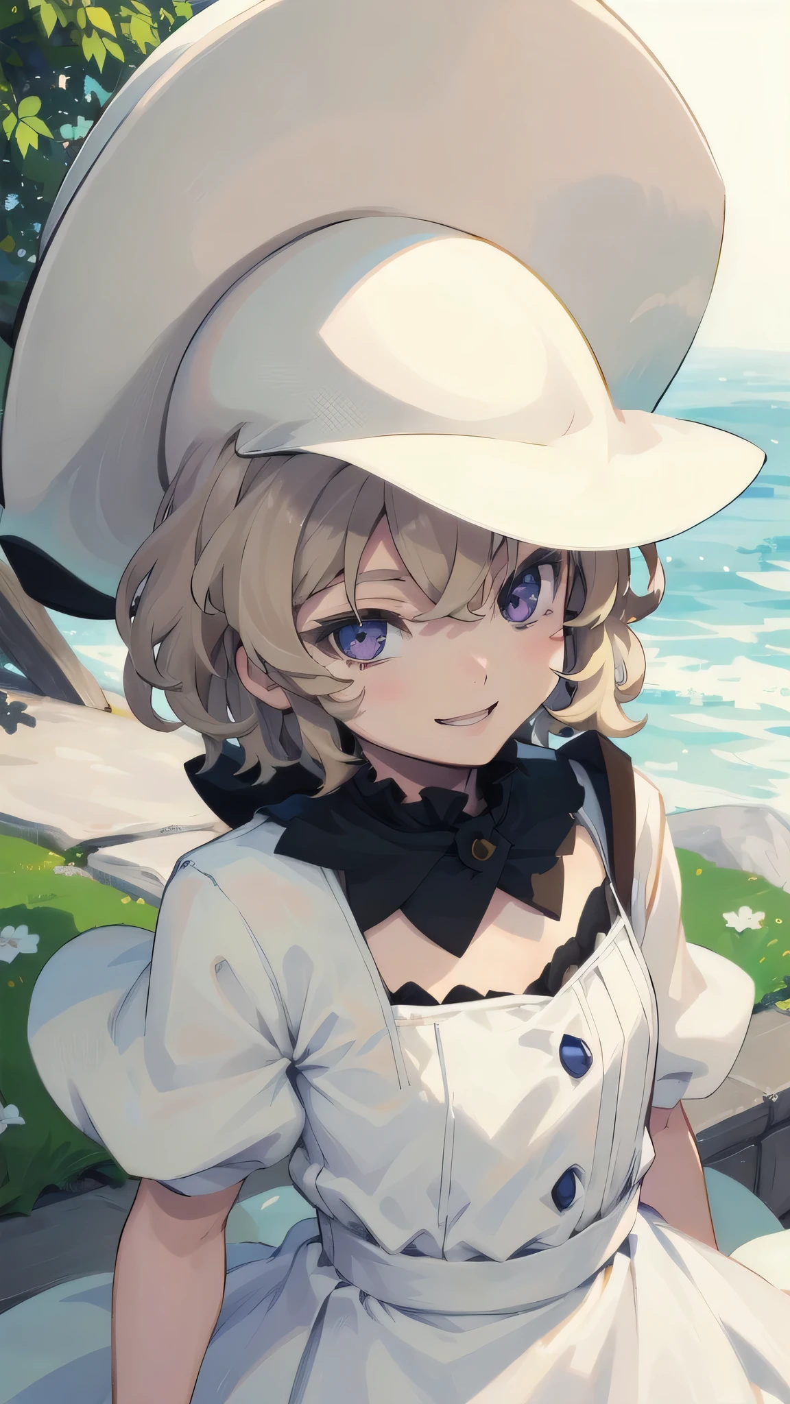 One girl, Straight, Upper Body, alone, short hair, White Hat, smile, White Dress, (iwanagakotoko:0.9), (Iwanaga Dress:1), outdoor,