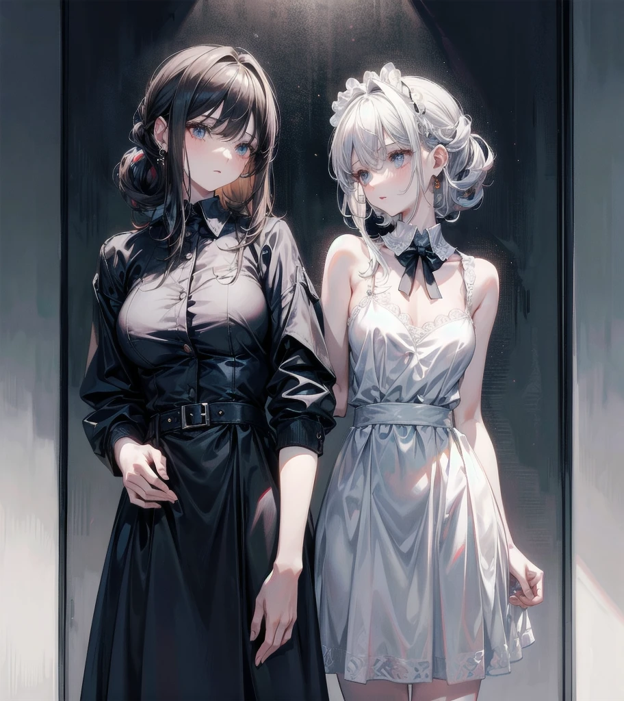 collared shirt dress, sleeveless, whole body, absurdres, RAW photo, extremely delicate and beautiful, masterpiece, Best Quality, ultra high resolution, 32k, hyperrealistic, ultra-detailed, detailed description, perfect figure, perfect shape, perfect anatomy, pale skin, 20 years old, detailed beautiful face and eyes, tearful mole, earring, short medium hair, wavy hair, chignon, yuri, 2 girls,