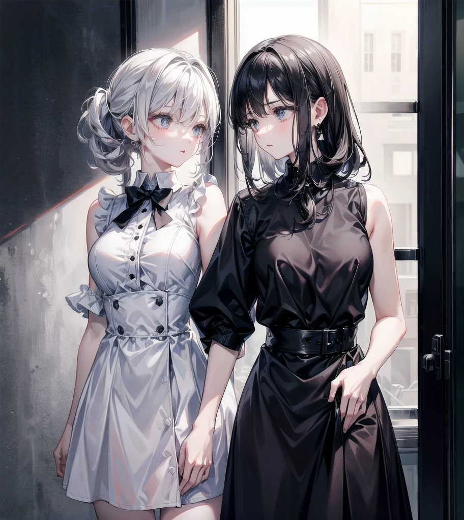 collared shirt dress, sleeveless, whole body, absurdres, RAW photo, extremely delicate and beautiful, masterpiece, Best Quality, ultra high resolution, 32k, hyperrealistic, ultra-detailed, detailed description, perfect figure, perfect shape, perfect anatomy, pale skin, 20 years old, detailed beautiful face and eyes, tearful mole, earring, short medium hair, wavy hair, chignon, yuri, 2 girls,