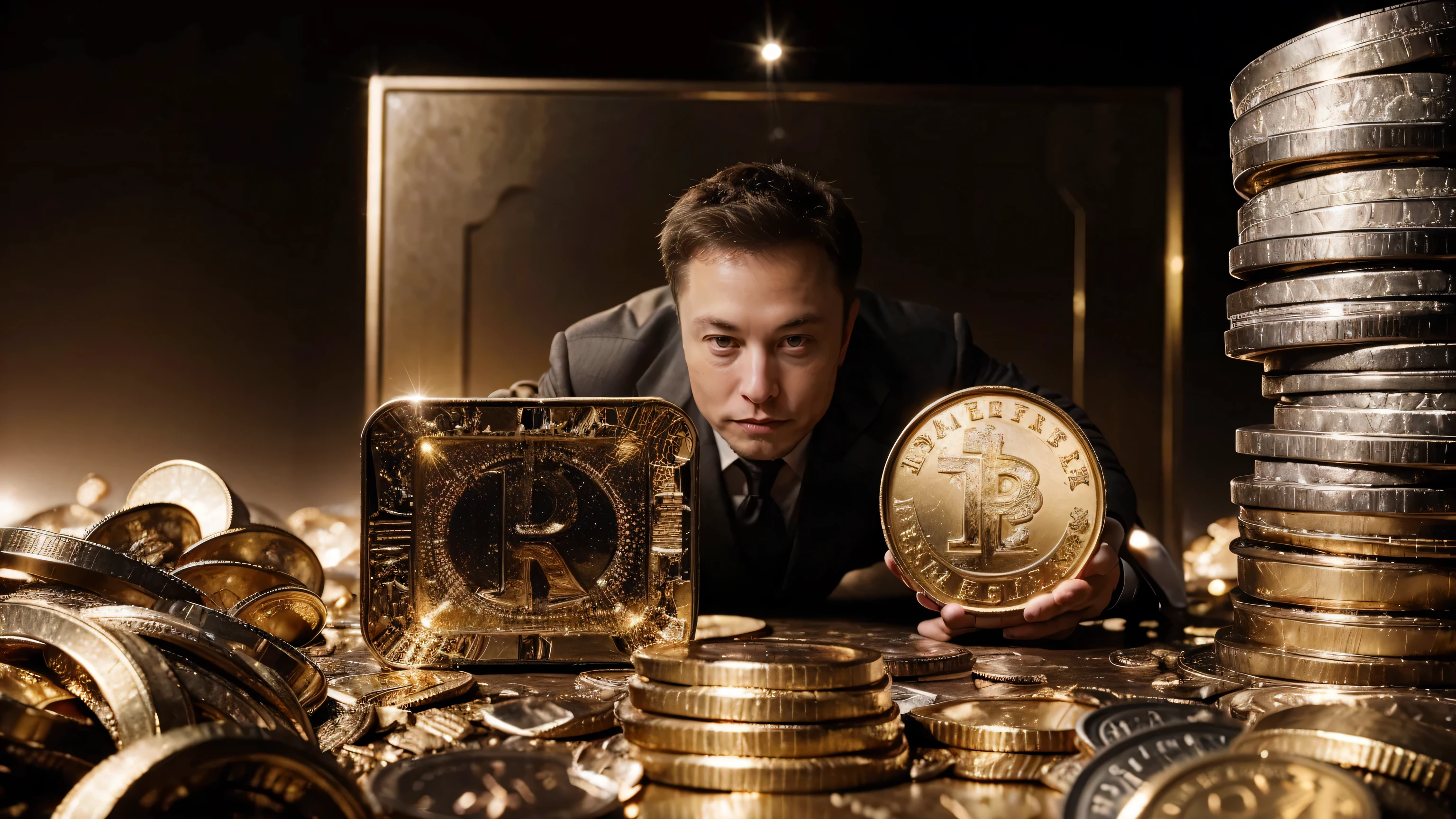 Elon Musk, A detailed and realistic image of a stranger in a suit, Surrounded by a of gold coins and diamonds, ultra-realistic image, hyper-detailed realistic skin, Look for an ultra-realistic image.