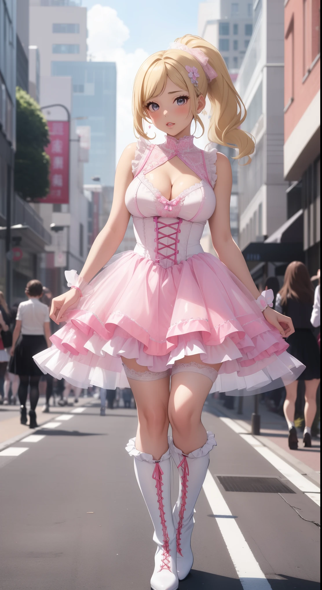 masterpiece, best quality, highly detailed, ultra high res, ayase arisa, kitagawa marin, 1girl, solo, hair ornament, blonde hair, ponytail, glossy lips, full lips, sleeveless idol dress, very puffy skirt, flared skirt, pink thigh highs, white heeled boots, full body, city street, (see-through skirt:1.2), cleavage