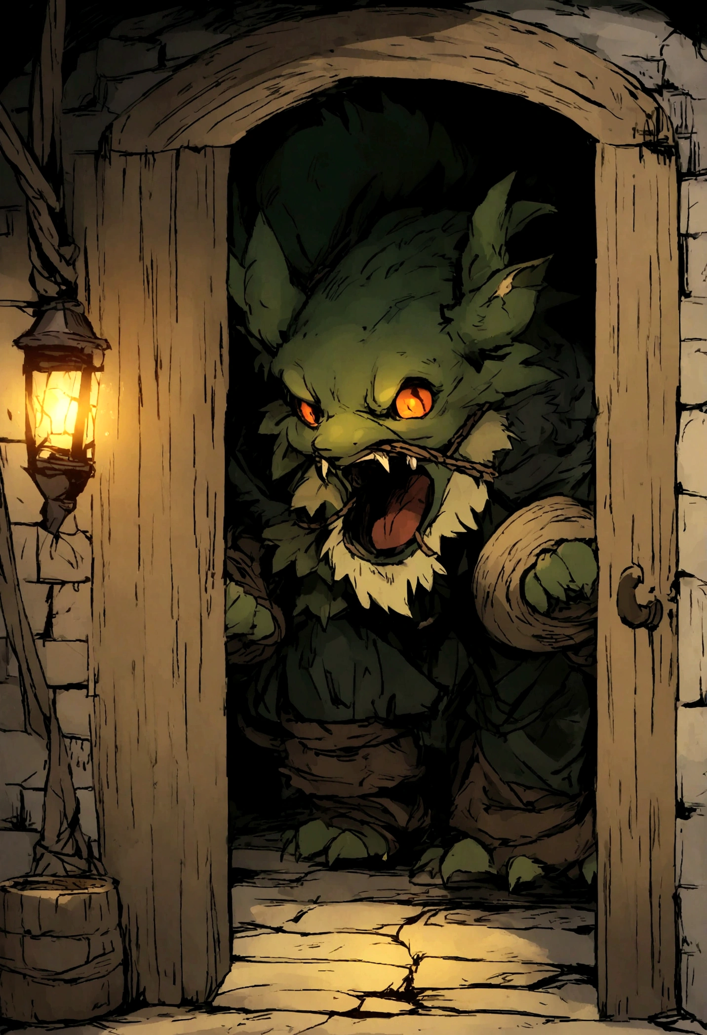 a digital rpg art of a kobold rpg character, trapped by ropes in the mouth in a dungeon of a medieval tavern trying to speak, image from inside the tavern