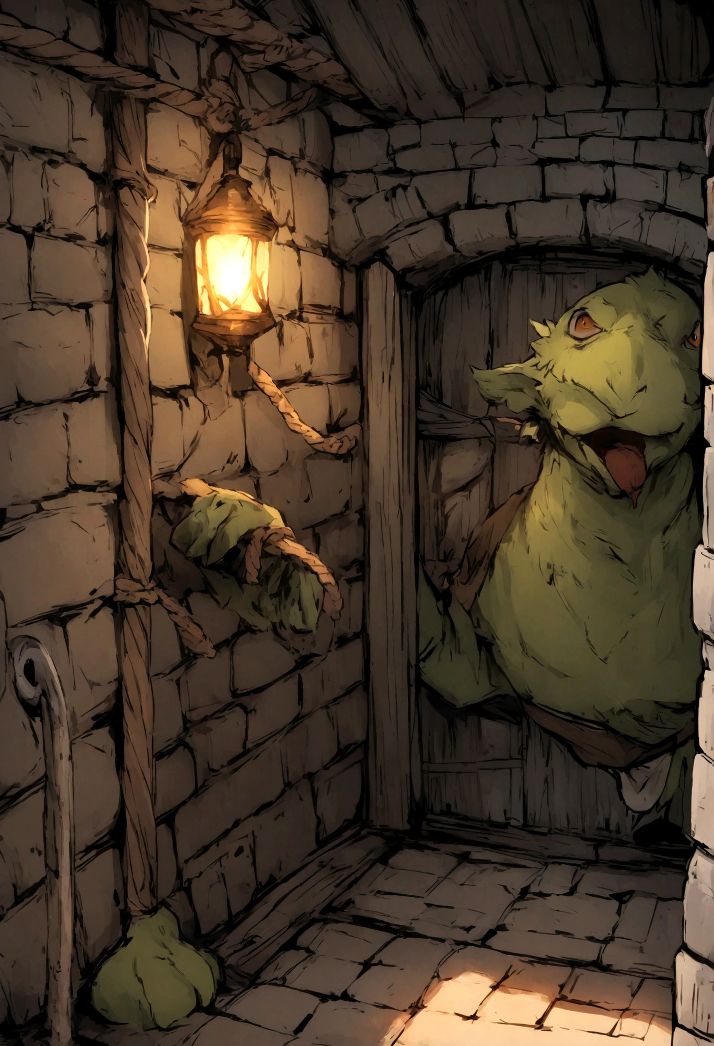 a digital rpg art of a kobold rpg character, trapped by ropes in the mouth in a dungeon of a medieval tavern trying to speak, image from inside the tavern