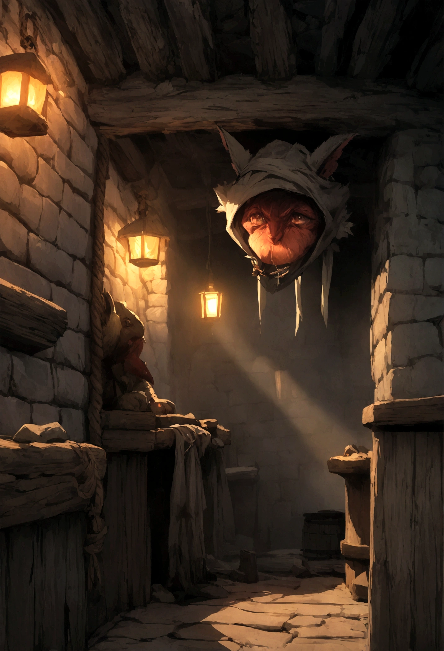 a digital rpg art of a kobold rpg character, trapped by ropes in the mouth in a dungeon of a medieval tavern trying to speak, image from inside the tavern