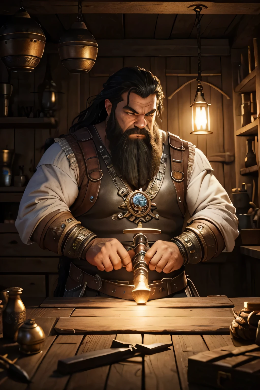 Barbarian dwarf blacksmith, mystical dwarf blacksmith on his desktop, 4k, mecanismo Engine Unreal, intrincado, altamente detalhado, beautiful lighting, Advanced quality, 8k, Trending Art Station, profissional, dramatic, illustration, alta qualidade, personagem bonito, retrato premium, F/22 , symmetrical and dynamic poses, RPG, obra-prima, Advanced quality, beautiful lighting.