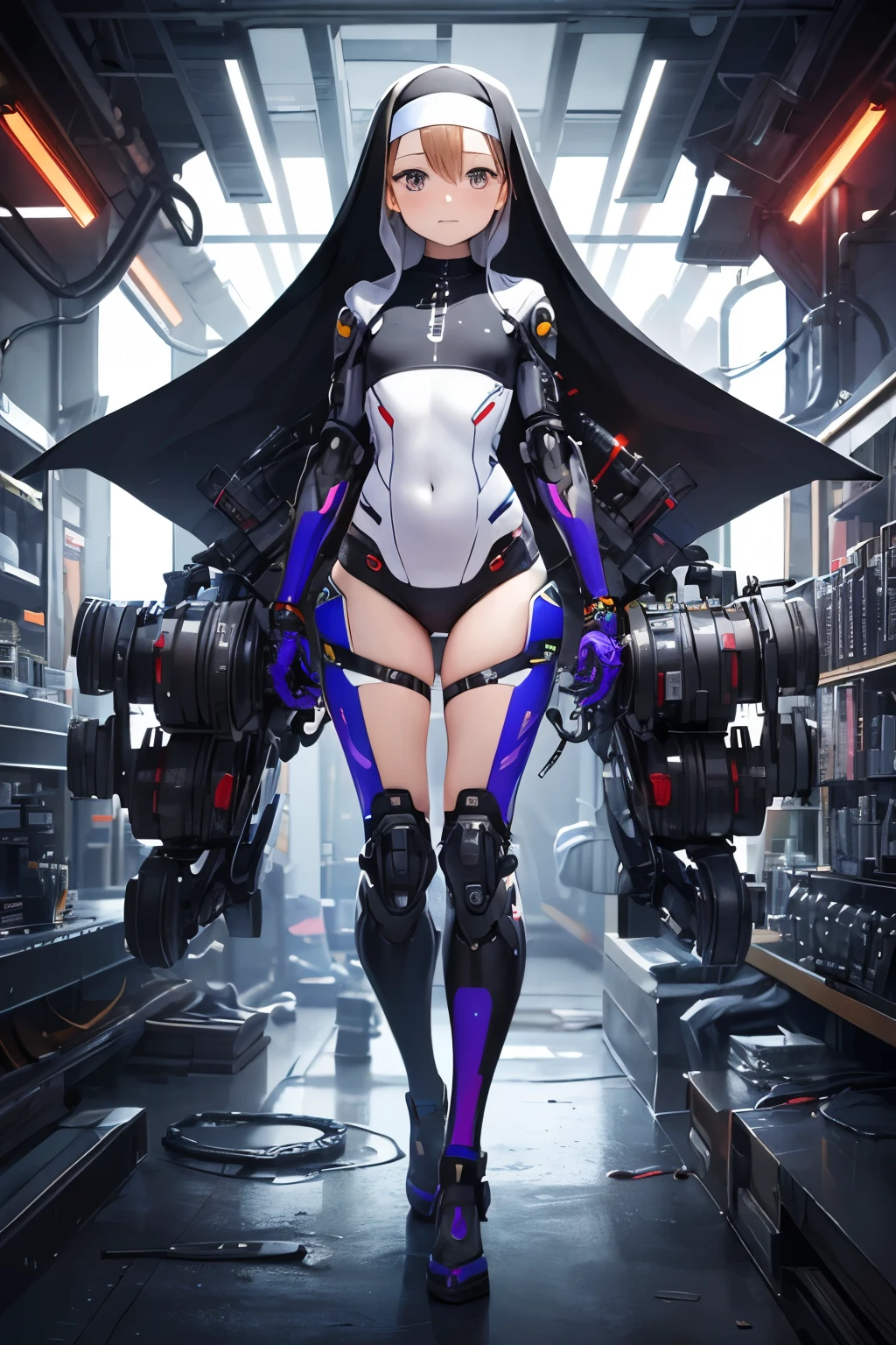  girl ,girl   , futuristic nun suit with , red canon,flat  chest ,long brown hair frinje ,(loli body), mechanic-headband, purple blue  best quality, 8k ,nun uniform , Cyborg arms. Mechanical Limbs Metal,  Mechanical legs .Power cablles conected in machine. 