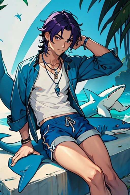 Chico, cabello corto morado, shark tooth necklace, shorts azules