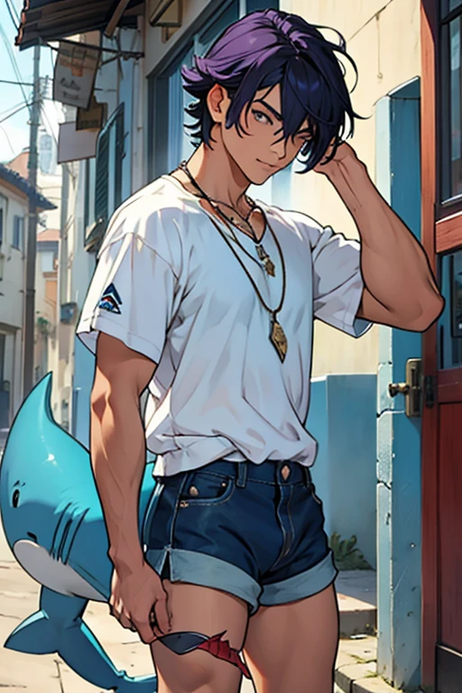 Chico, cabello corto morado, shark tooth necklace, shorts azules