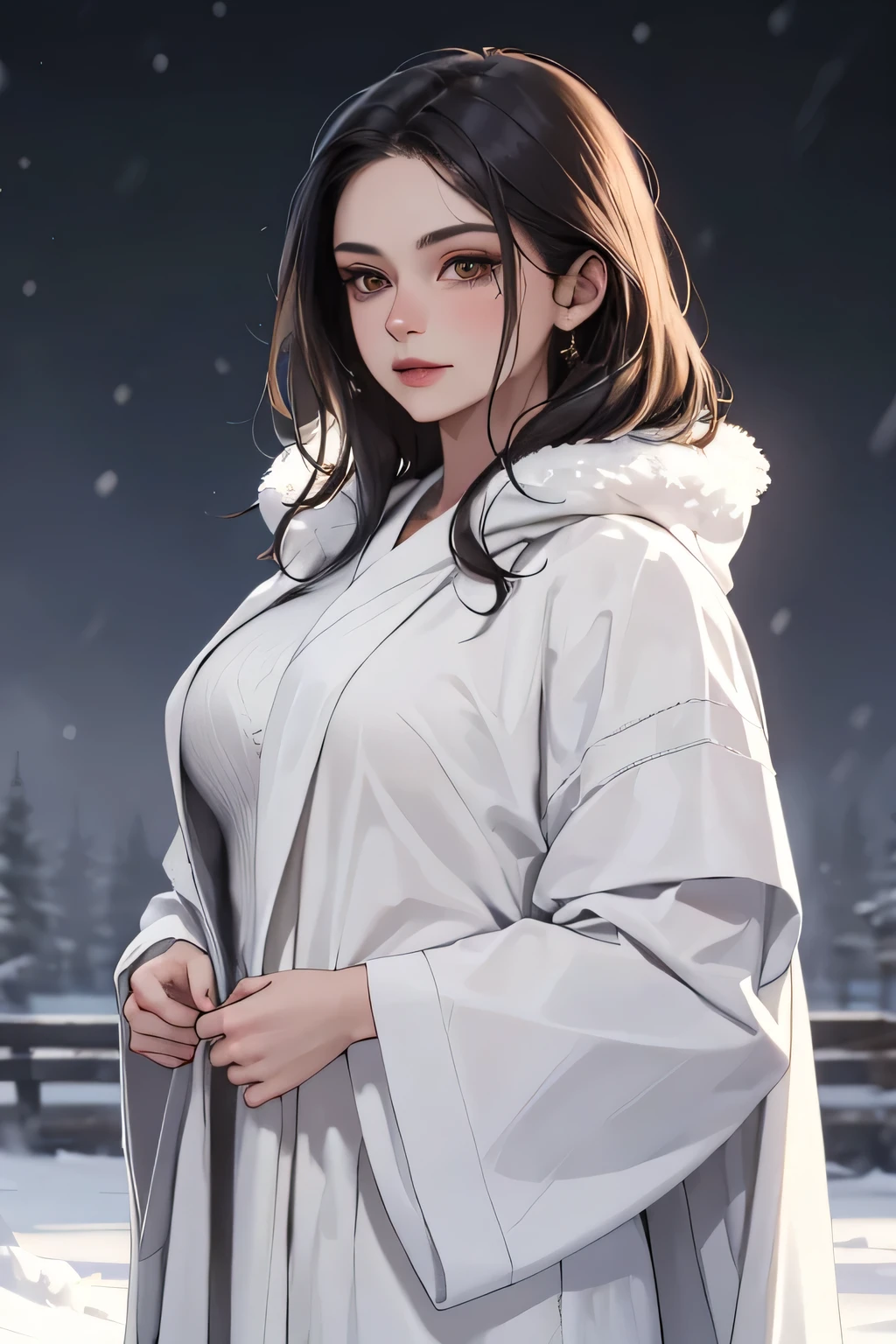 ((highest quality)), ((masterpiece)), (detailed), Perfect Face,Woman standing in a snowstorm,White robes,Multiple wolves,Black Hair,Cold look