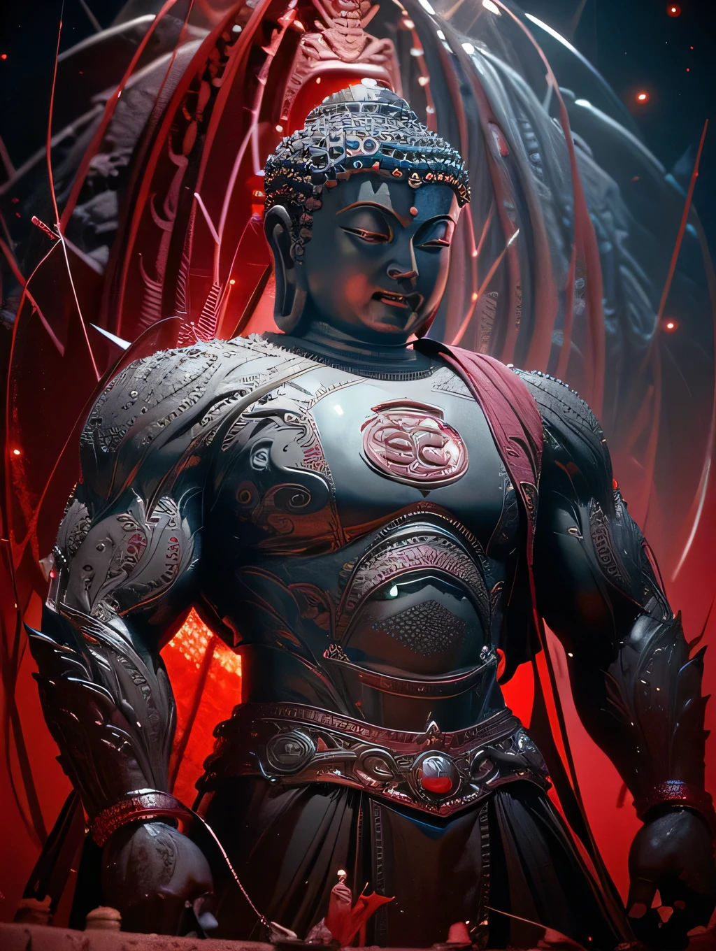 a strong and muscular buddha, Set your moves against the devil on an iron lotus, detailed and realistic, cinematic lighting, vibrant colors, dramatic composition, highly detailed, photorealistic, award winning digital art, intricate details, 8k, best quality, masterpiece, buddha fighting with evil 