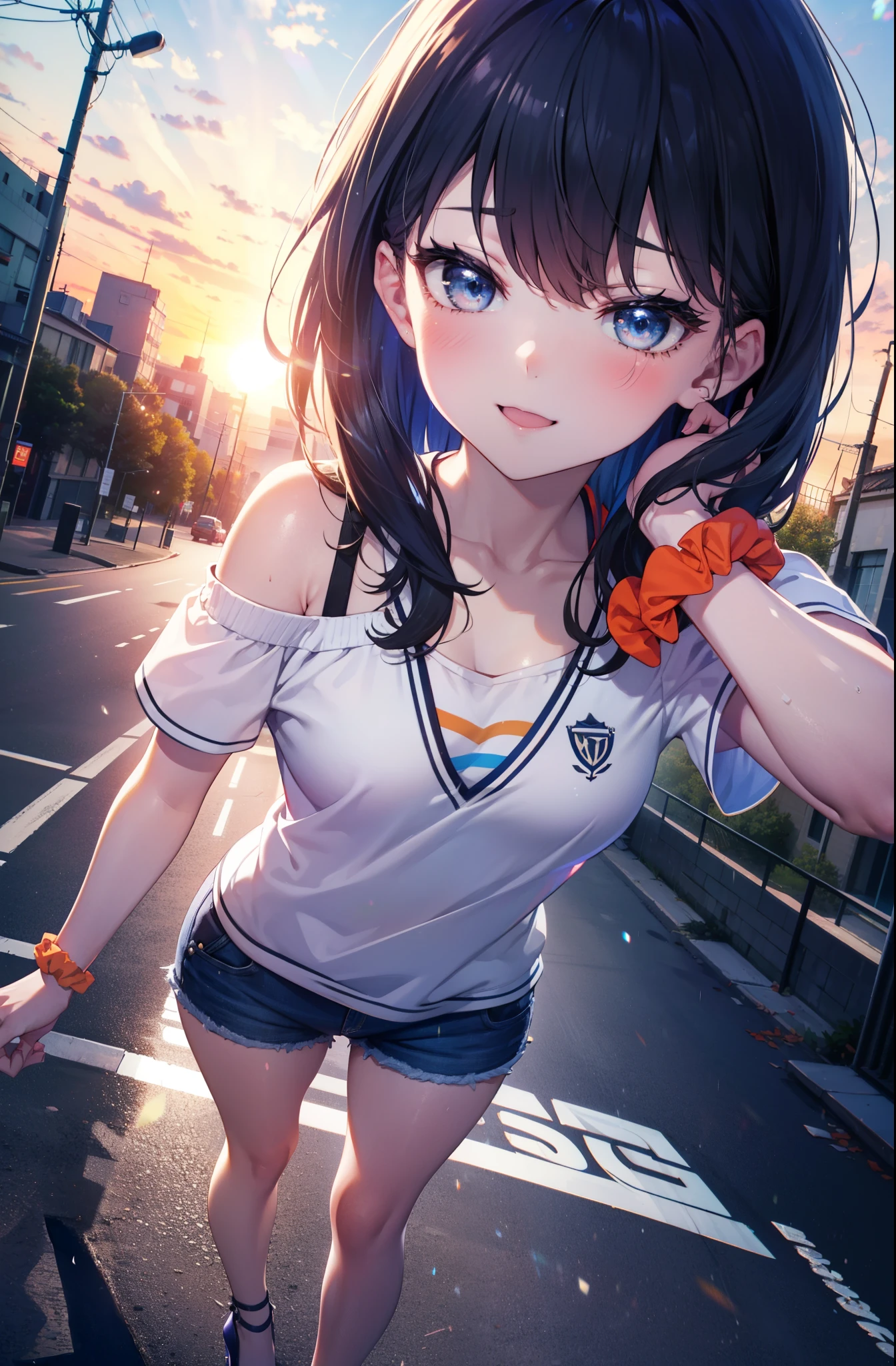 Rikka body, rikka takarada, Black Hair, blue eyes, Long Hair, orange Scrunchie, Scrunchie, wrist Scrunchie,happy smile, smile, Open your mouth,Cold shoulder tops,Short sleeve,Shorts,Stiletto heels,Walking,morning,morning陽,The sun is rising,So that the whole body goes into the illustration,Looking down from above,
Destroy outdoors, In town,Building district,
壊す looking at viewer, Systemic
break (masterpiece:1.2), highest quality, High resolution, unity 8k wallpaper, (figure:0.8), (Beautiful fine details:1.6), Highly detailed face, Perfect lighting, Highly detailed CG, (Perfect hands, Perfect Anatomy),