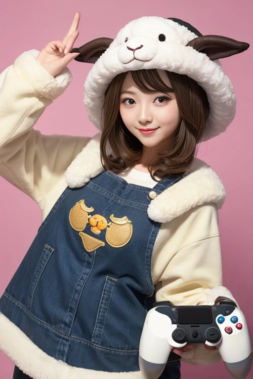 Animated character wearing a sheep-shaped hat, Have a game controller in your hand, Lively and cute expression, High quality work, sheep