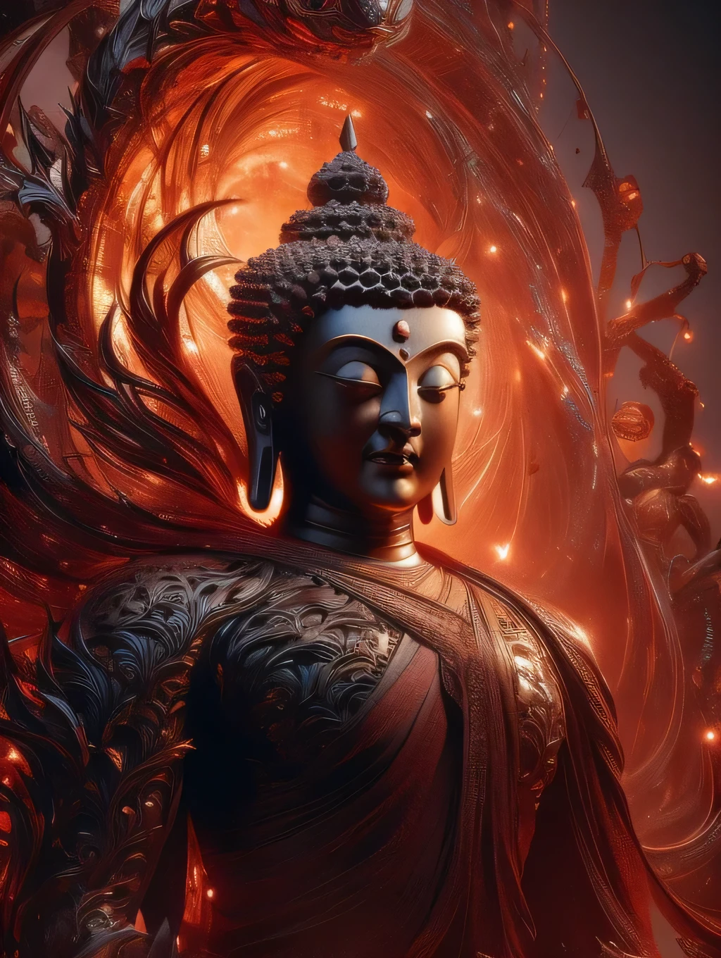 a strong and muscular buddha, Set your moves against the devil on an iron lotus, detailed and realistic, cinematic lighting, vibrant colors, dramatic composition, highly detailed, photorealistic, award winning digital art, intricate details, 8k, best quality, masterpiece, buddha fighting with evil 