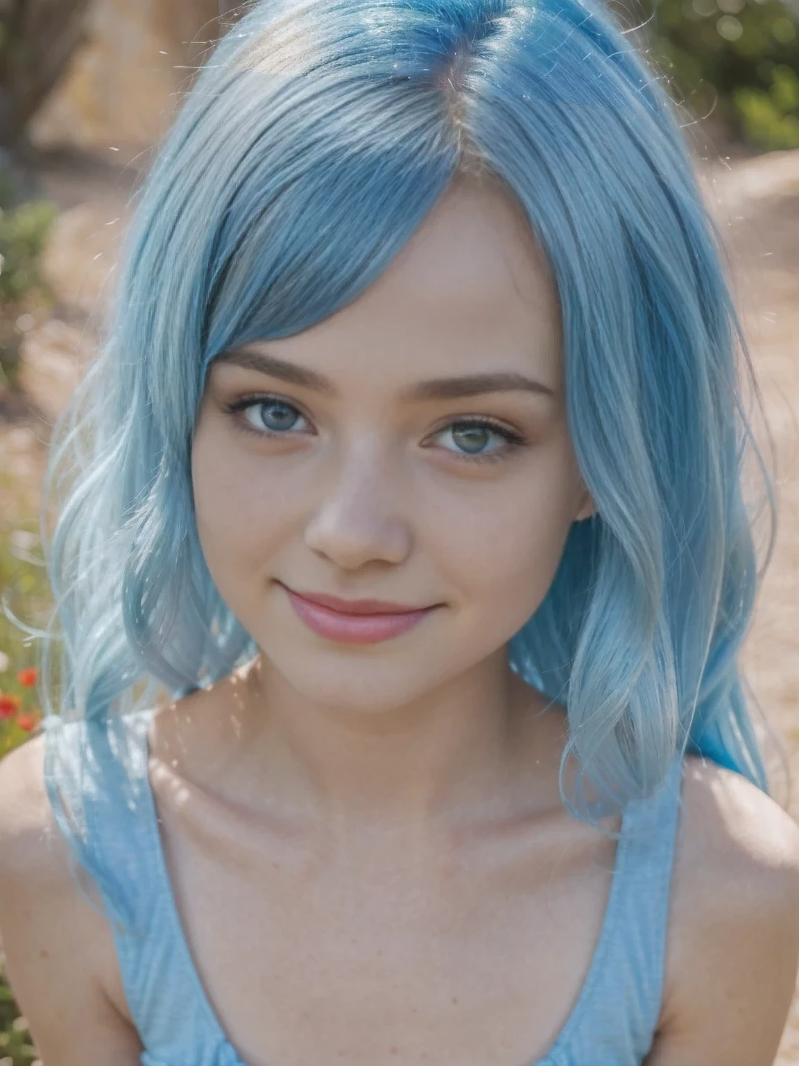 ( Sadie Sink actress) , teenage girl in tight short (red sundress dress ((red sundress dress))) ,slim build, nice smile,barefoot , bright sun shining meadow,flowers, knees,Photorealism,8K ,render,without makeup, tousled hair, Bony, skinny, small, Slim, anorexia, flat chest ,very short blue wavy hair, Realistic lighting, imperfect skin,freckles on the face,(( her hair is light blue , light blue hair ,Malvina)),stands in a playful pose(grimaces,posing),teen,beauty, full length photo, bright, rich photography with realistic colors and lighting,