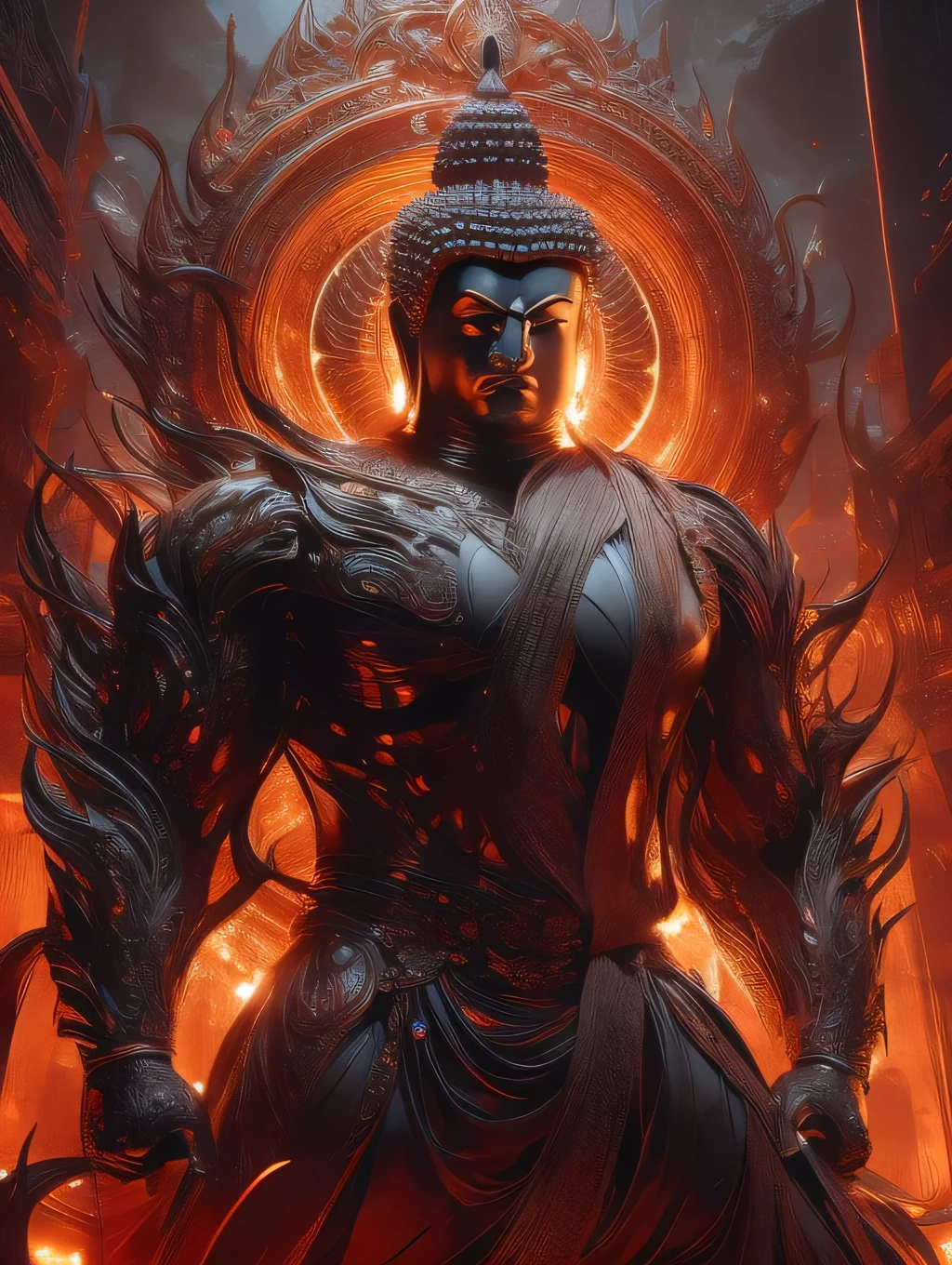 a strong and muscular buddha, Set your moves against the devil on an iron lotus, detailed and realistic, cinematic lighting, vibrant colors, dramatic composition, highly detailed, photorealistic, award winning digital art, intricate details, 8k, best quality, masterpiece, buddha fighting with evil 