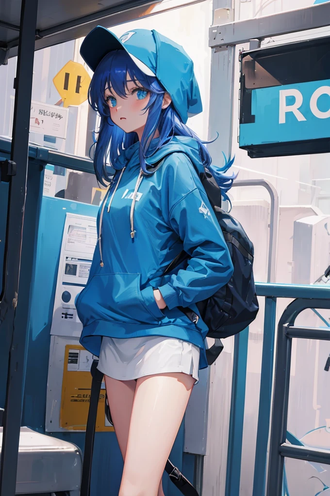 1girl, anime, long hair color blue, hoodie, backpack, hat, background cloud