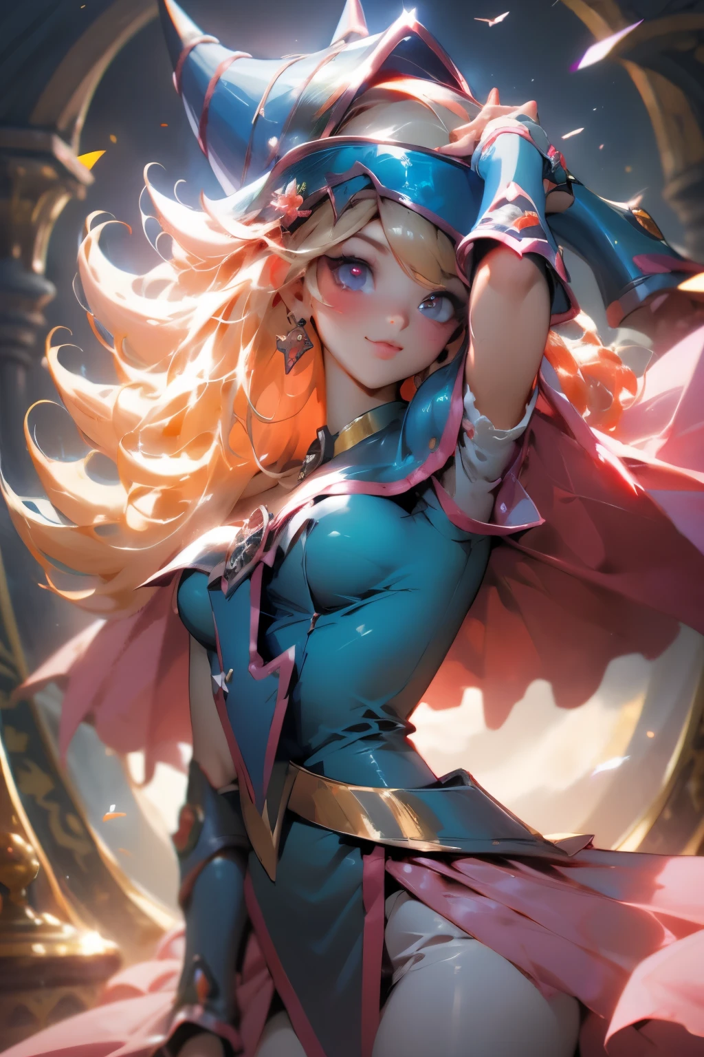 Hermoso rostro de dark magician gils, ojos azules. Labios rosados. Cabello rubio y largo. Ombros descubiertos, sonrisa angelical, hermoso rostro bien detallados de dark magician gils. Ropas transparentes. You can see her nipples through her clothes