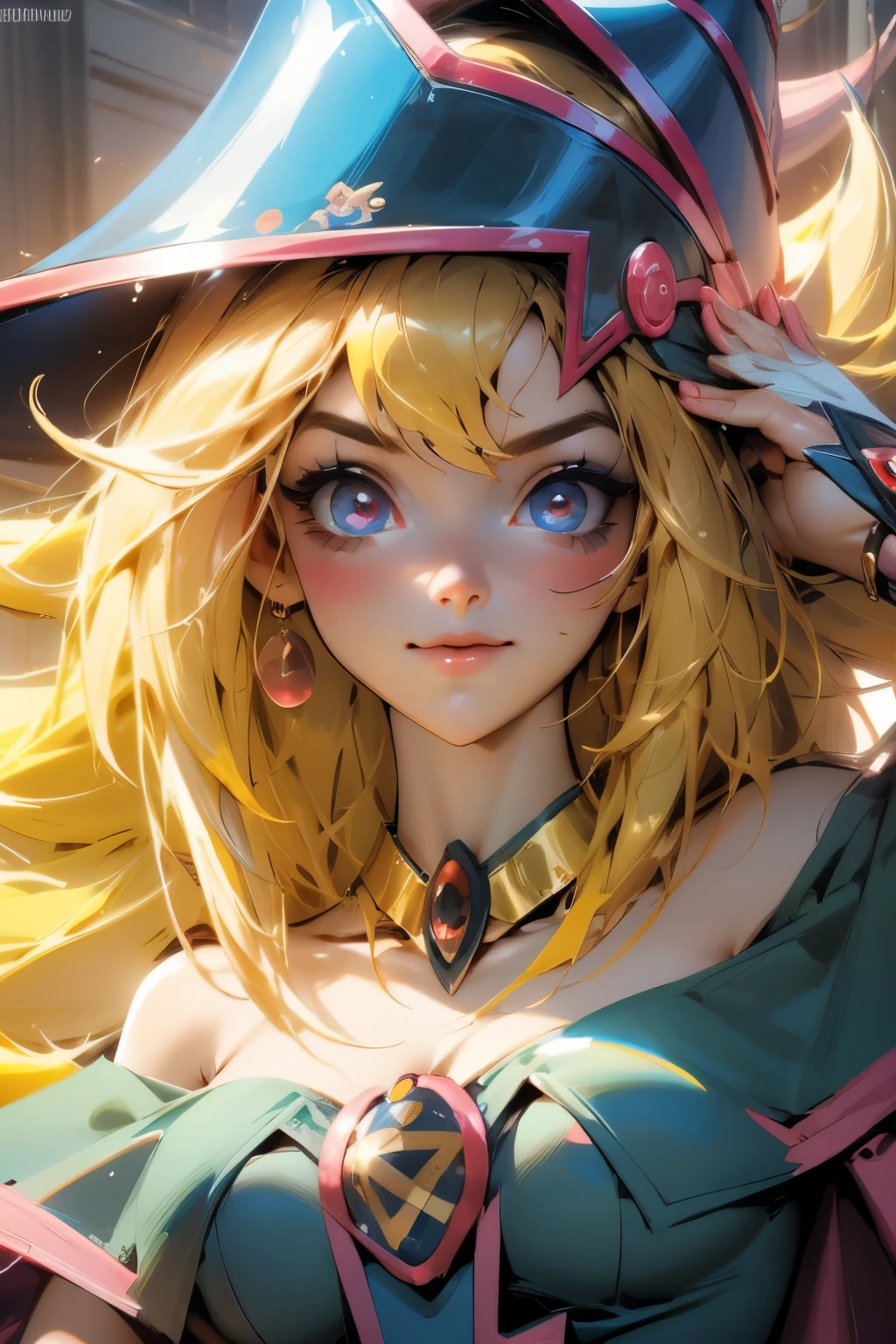 Hermoso rostro de dark magician gils, ojos azules. Labios rosados. Cabello rubio y largo. Ombros descubiertos, sonrisa angelical, hermoso rostro bien detallados de dark magician gils. Ropas transparentes. You can see her nipples through her clothes
