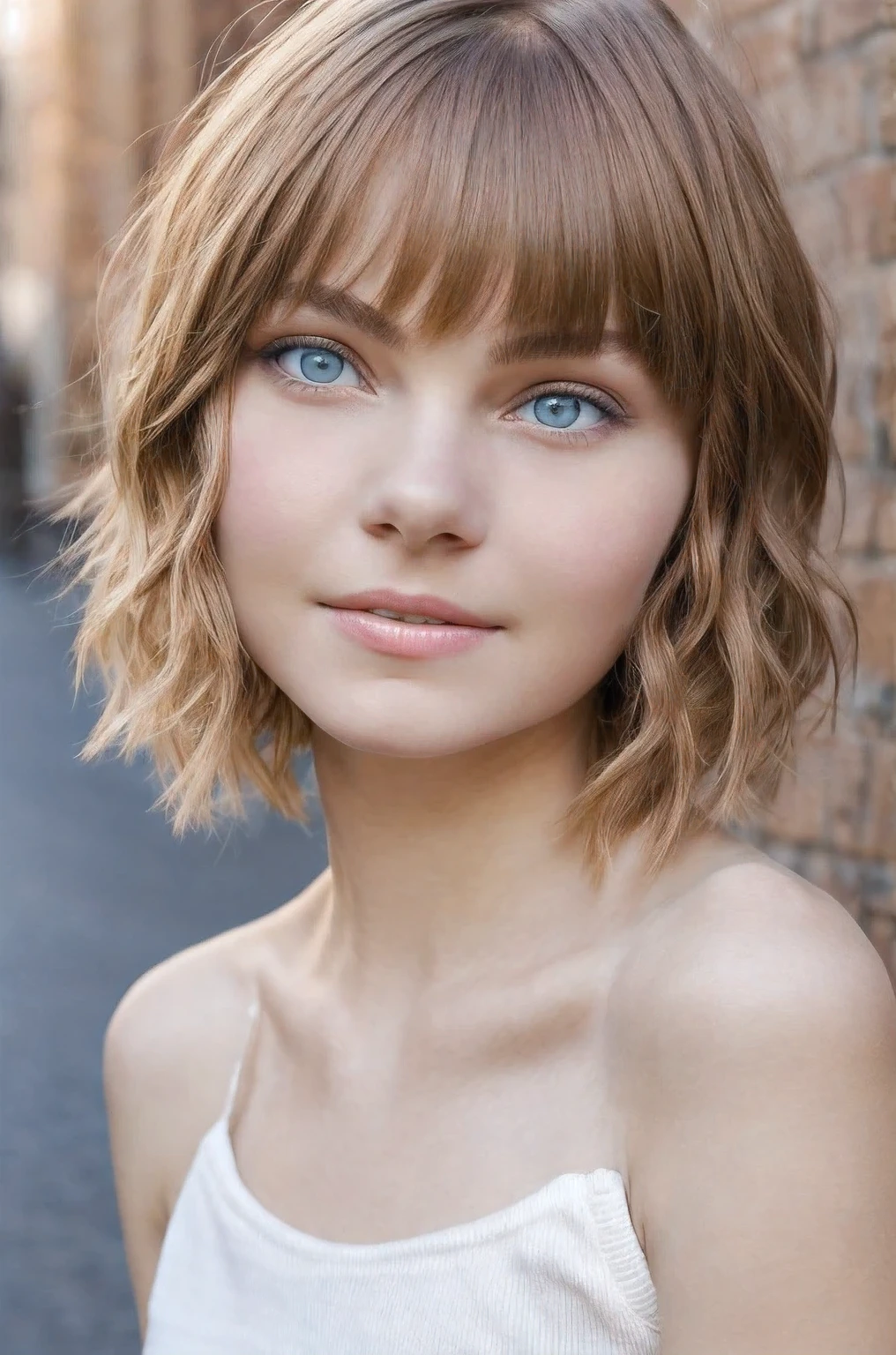 Short hair , in a light top and short leather skirt, short wavy blonde hair, короткие волосы with bangs, young Russian girl with a cute face (face Emma Myers in her youth), Portrait of a young girl with a cute beautiful face, French bob, White skin!!, short brown hair and large blue eyes with long eyelashes,professional portrait shot 8k, beautiful light、big eyes, beautiful girl, Young young girl with bob haircut, better image quality, masterpiece,Against the background of a city street ,cute russian girl, ultra-realistic photo portrait,with studio quality ,Emma Myers very young, very young, skinny, anorexia, flat chest, thin skinny arms with hair,thin body,sharp protruding collarbones,pale skin,No cosmetics,light sweet smile,