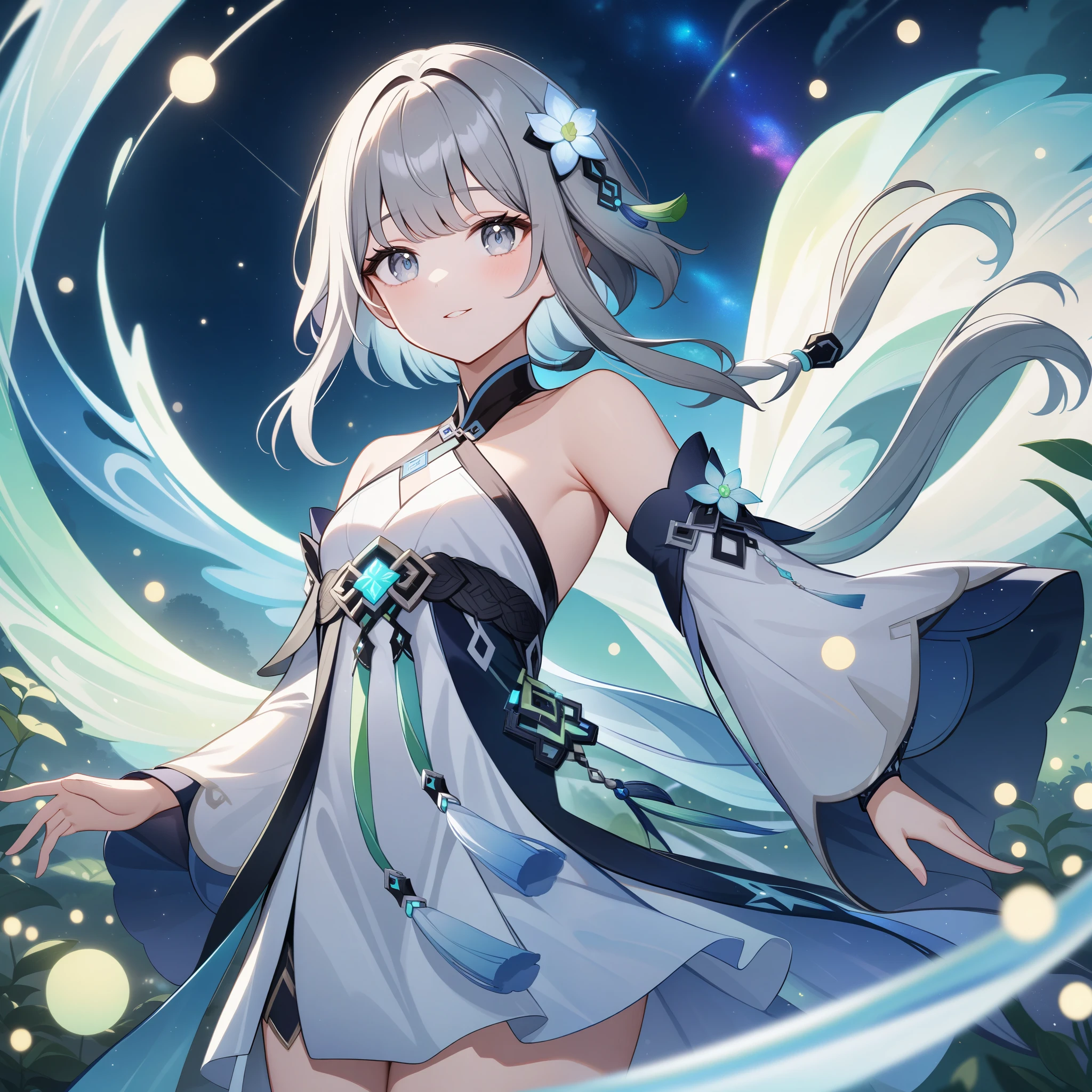 1girl, guizhong_\(genshin_impact\),grey hair with mint gradient,short_hair_with_long_locks in front and low ponytail in back,pale grey eyes with mint gradient,starry_sky_print,detached_sleeves, hands completely hidden by long sleeves,stunning field of softly glowing cerulean and white glaze lilies,night scene,gentle smile,face focus, eye focus,moonlight,glossy lips,vivid anime coloring,cel shading,smooth, soft dreamy focus,anklet,halter_top,white clothes,highly detailed,digital painting,bare_shoulders,barefoot,cool night tones, magical night scene,bokeh, professional,fireflies,Guardian nebula of rainbow and silvery vapor,harmonious blend of nature and art,transcendent beauty,awe-inspiring artwork,(best quality,4k,8k,highres,masterpiece:1.2)