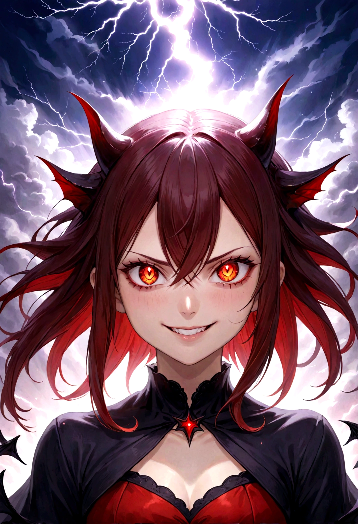 1 garota, cabelo voador, olhos vermelhos, bruxa do fogo, sangue no rosto, light particles, lightning rays, papel de parede, Colorida, Alto contraste, Vampiro, sorriso pretensioso, evil smile, psychopathic sorriso pretensioso, sorriso psicopata, head tilted