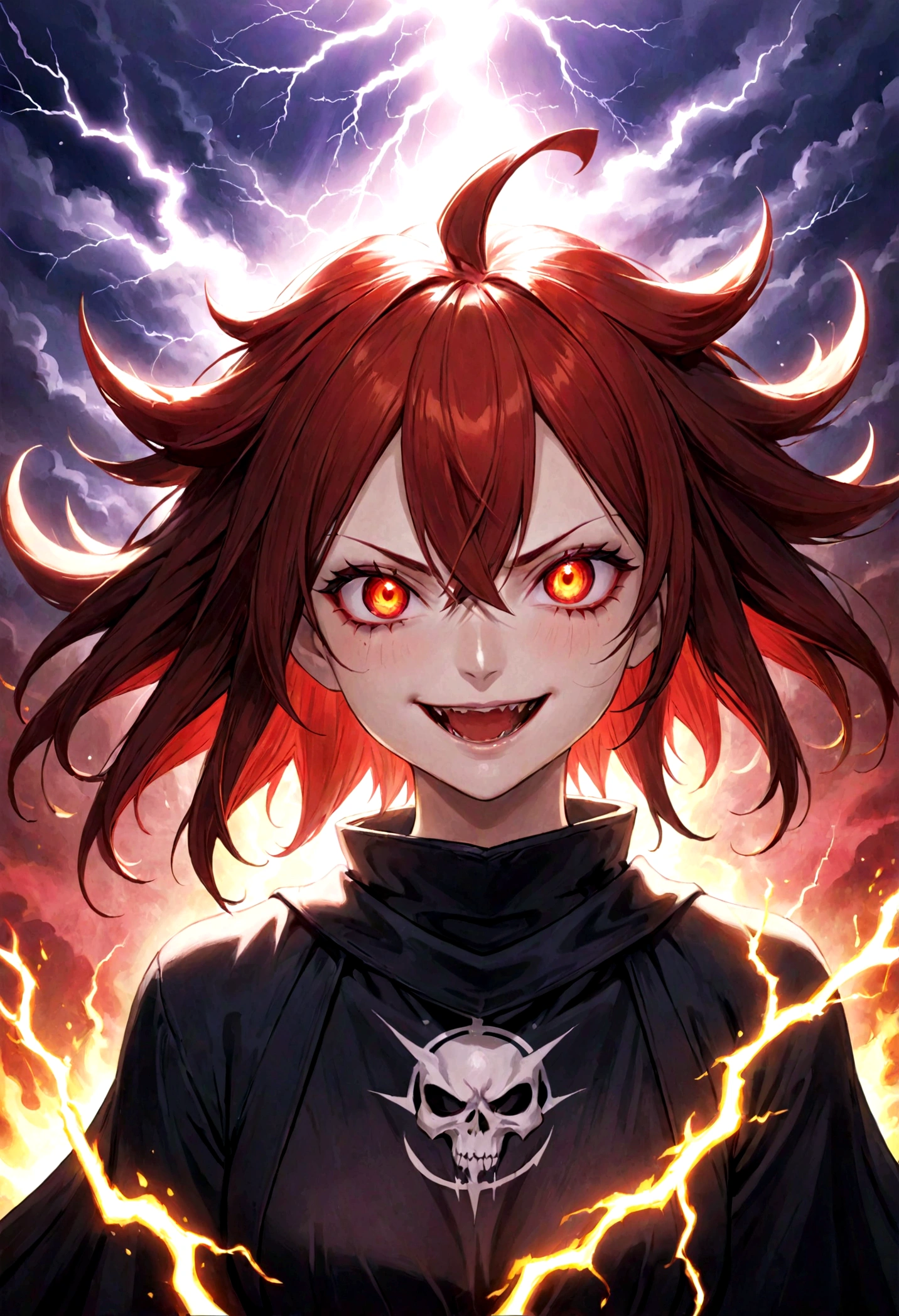 1girl, flying hair, red eyes, fire witch, blood on face, light particles, lightning rays, wallpaper, colorful, high contrast, vampire, smirk, evil smile, psychopathic smirk, psychopathic smile, tilted head, magic rune in background, magic rune tattoo in face