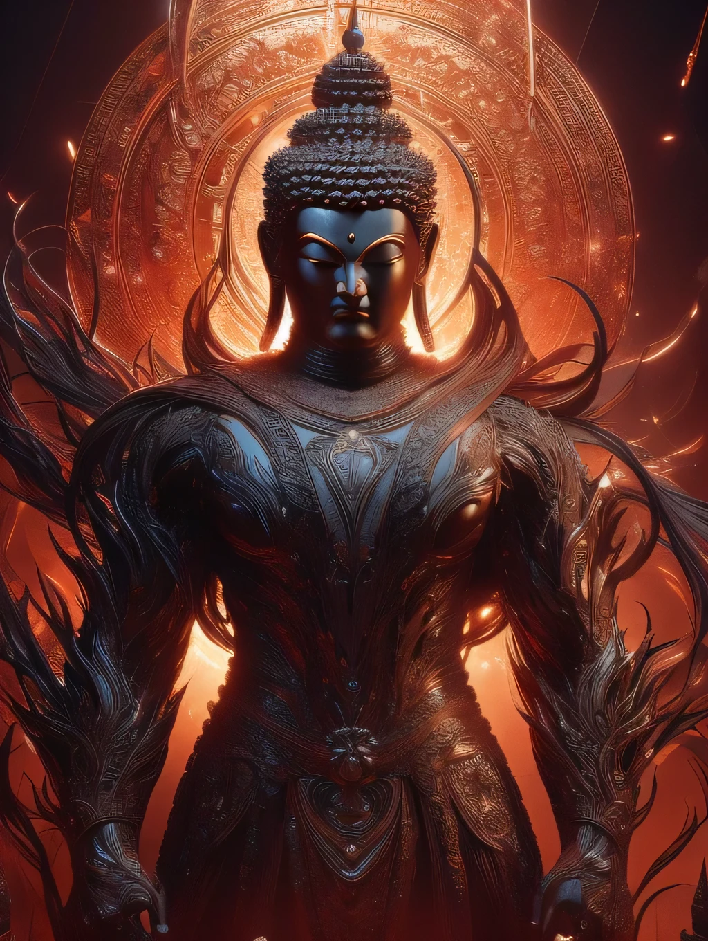 a strong and muscular buddha, Set your moves against the devil on an iron lotus, detailed and realistic, cinematic lighting, vibrant colors, dramatic composition, highly detailed, photorealistic, award winning digital art, intricate details, 8k, best quality, masterpiece, buddha fighting with evil 