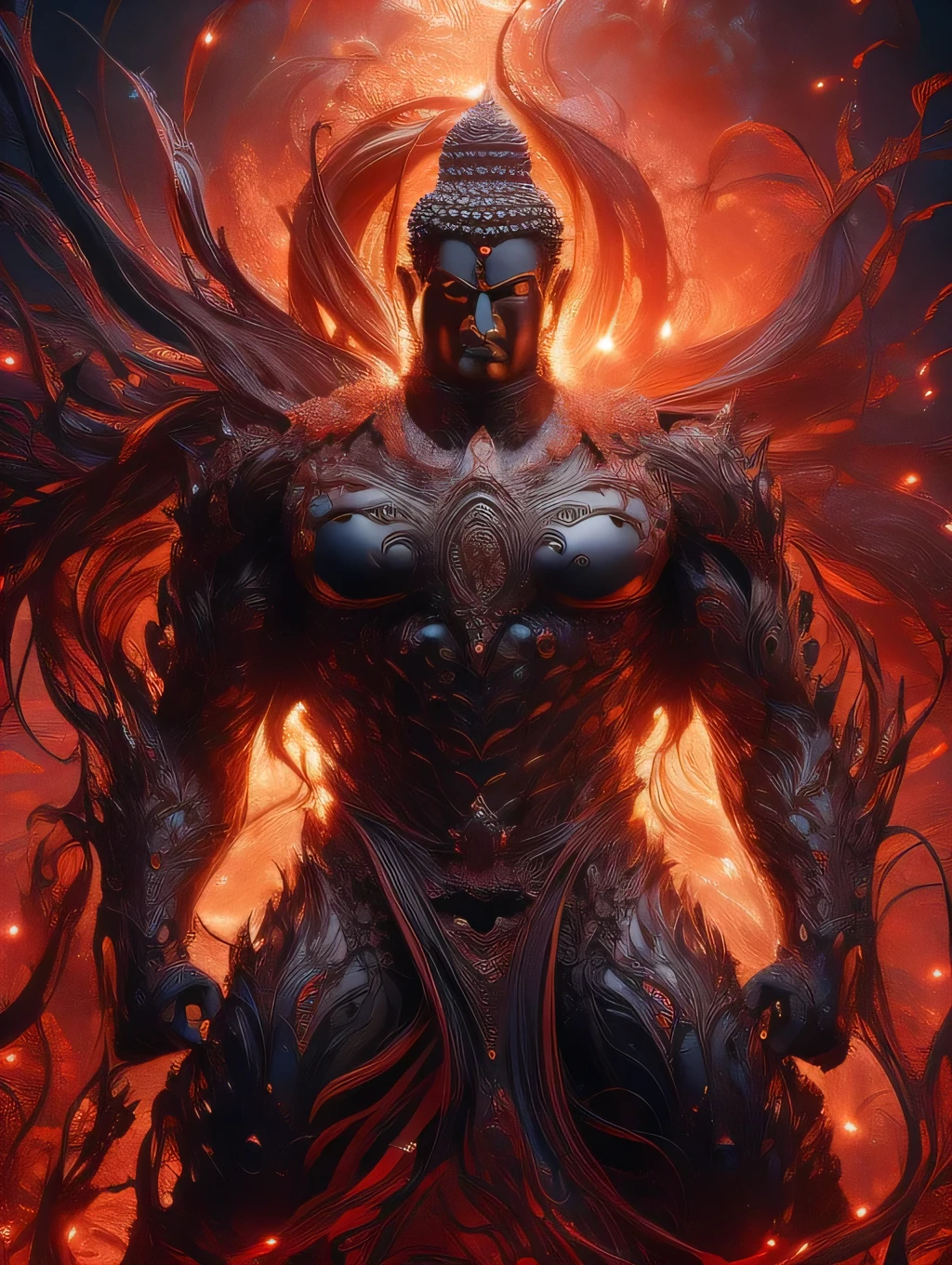 a strong and muscular buddha, Set your moves against the devil on an iron lotus, detailed and realistic, cinematic lighting, vibrant colors, dramatic composition, highly detailed, photorealistic, award winning digital art, intricate details, 8k, best quality, masterpiece, buddha fighting with evil 