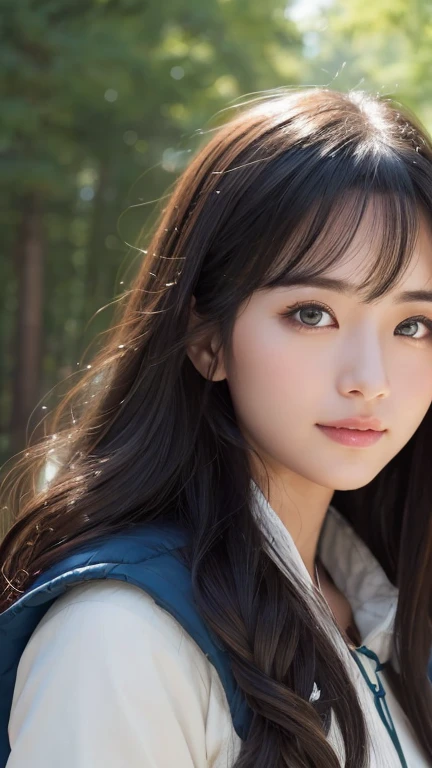 (highest quality、masterpiece、Super detailed、High resolution、Realistic、Realistic、Very delicate and beautiful、Incredible detail、Best illustrations、Dramatic lighting、Sharp focus)、Focus on the face、whole body((Beautiful young woman、Mountain parka、White gloves))、Looking at the audience、Ready for battle、Holding a huge hammer in his right hand、Dark blue eyes、Long black hair、Japanese women、smile、Detailed hand drawing、Realistic face resolution、Campsite in the forest、Dynamic Action