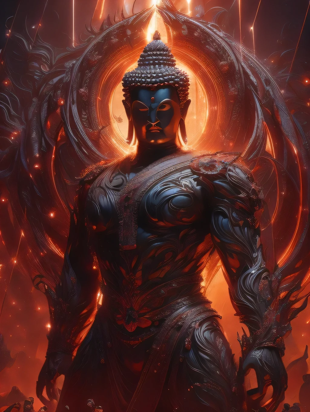 a strong and muscular buddha, Set your moves against the devil on an iron lotus, detailed and realistic, cinematic lighting, vibrant colors, dramatic composition, highly detailed, photorealistic, award winning digital art, intricate details, 8k, best quality, masterpiece, buddha fighting with evil 