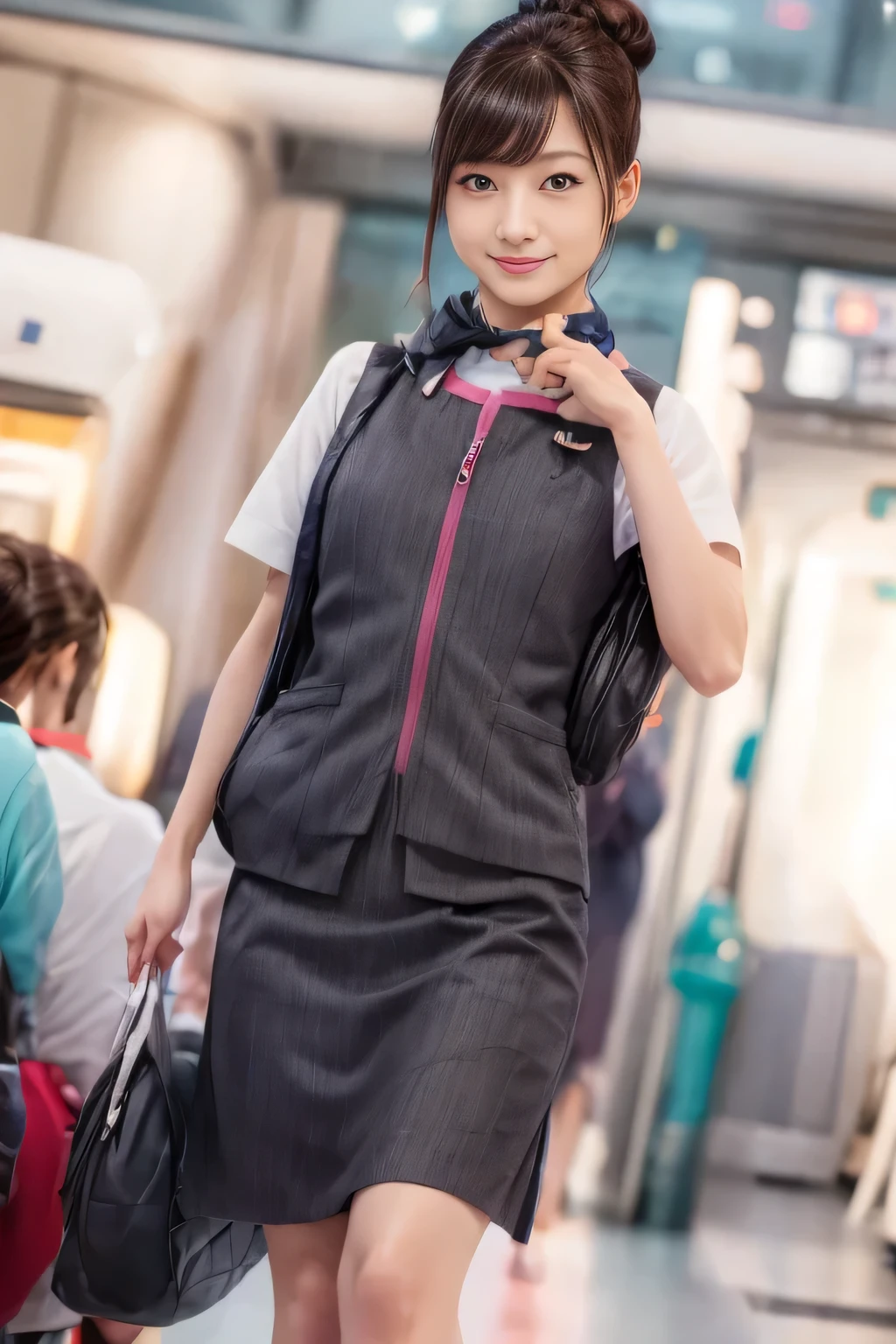 (masterpiece:1.2, highest quality:1.2), 32K HDR, High resolution, (alone、1 girl)、(At the station platform、Professional Lighting)、Background of an empty station platform、(Realistic style of JR Gran Class crew wearing uniform)、Short sleeve blouse、a scarf around the neck、(JR Gran Class flight attendant uniform with pink parts on the skirt sleeves)、(JR Gran Class flight attendant uniform with pink line on front zipper of vest)、Dark brown hair、(Hair tied up、Hair Bun、Hair Bun)、Dark brown hair、Long Shot、Big Breasts、((Great hands:2.0)),((Harmonious body proportions:1.5)),((Normal limbs:2.0)),((Normal finger:2.0)),((Delicate eyes:2.0)),((Normal eyes:2.0)))、smile、Beautiful standing posture、Place your hands around your stomach、I have nothing in my hands