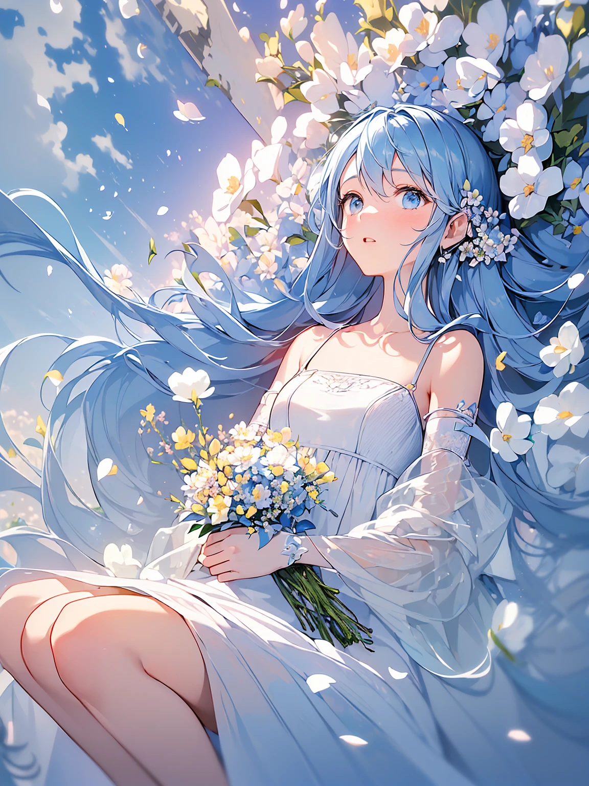 ((masterpiece, best quality, extremely detailed, absurdres)),, masterpiece, best quality, extremely detailed, (((light blue long hair))), long hair cute anime faces,detailed light,parted lips,shiny、beautiful detailed face,,longhair、(((( light blue long hair)))),,10 years old, , 1girl, solo, flat chest, blush, bangs, , flat chest,((best quality)), ((masterpiece)), ((Super detailed)), (illustration), (detail light), (an extremely delicate and fair), ((prune)), incredible_Ridiculous, (Ray tracing), (reflected light), ((movie poster)), (sign:1.3), (English text:1.3), rest (8K:1.3), wallpaper, 1 girl, (Girl among flowers:1.4), , clear sky, external, Super detailed, best quality, Ultimate quality, masterpiece, fair, beautiful, sit on the floor, (Ridiculously long hair, Clear border of cloth:1.4), (pure white dress, pure white silk cloth:1.5), (Flower land, Thousands of flowers, colorful flowers, flowers around her, various flowers:1.51), young, amazing, attractive, sundress, wonderful scenery, pure white shoes