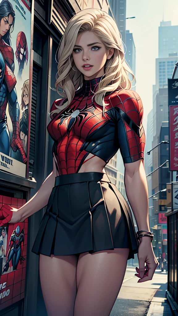 Emily Bett Rickards、マーベルコミックの映画Poster、so beautiful、Movies about Spider-Man、sexy、whole body、Wearing a skirt、Premiere Date、Poster、belly buttonを突き出す、new york、She&#39;s wearing a ripped Spiderman suit、The suit is torn、Wearing a skirt、Red and black color scheme、dynamic、masterpiece、highest quality、Super detailed、Very detailed、Delicate and beautiful shine、Ultra-high resolution、Cinematic、break、breakドロップ、(Torn clothes:1.5)、(Wet clothes:1.4)、Bare shoulders、Real Rain、Wet Hair、belly button、Exposed Skin、sexyな肩を披露