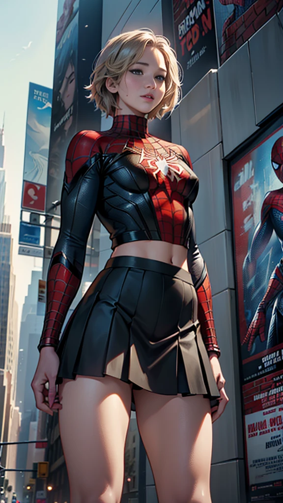 Jennifer Lawrence、マーベルコミックの映画Poster、so beautiful、Movies about Spider-Man、sexy、whole body、Wearing a skirt、Premiere Date、Poster、belly buttonを突き出す、new york、She's wearing a ripped Spiderman suit、The suit is torn、Wearing a skirt、Red and black color scheme、dynamic、masterpiece、highest quality、Super detailed、Very detailed、Delicate and beautiful shine、Ultra-high resolution、Cinematic、break、breakドロップ、(Torn clothes:1.5)、(Wet clothes:1.4)、Bare shoulders、Real Rain、Wet Hair、belly button、Exposed Skin、sexyな肩を披露