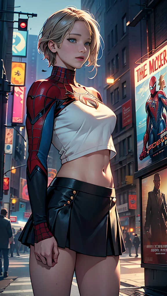 Margot Robbie、Marvel Comics Movie Poster, Very beautiful, Movies about Spiderman, sexy, whole body, I'm wearing a skirt、Premiere date, Poster、belly buttonを突き出す、new york、She&#39;s wearing a torn Spider-Man suit,The suit is torn、Wearing a skirt、 Red and black color scheme,dynamic、masterpiece、highest quality、Ultra-detailed、Very detailed、A delicate and beautiful shine、超A high resolution、Cinematic,Break,Breakdrop,(Torn clothes:1.5), (Wet clothes:1.4), Bare shoulders,Real Rain,Wet Hair,belly button、Exposing Skin、Showing off her sexy shoulders