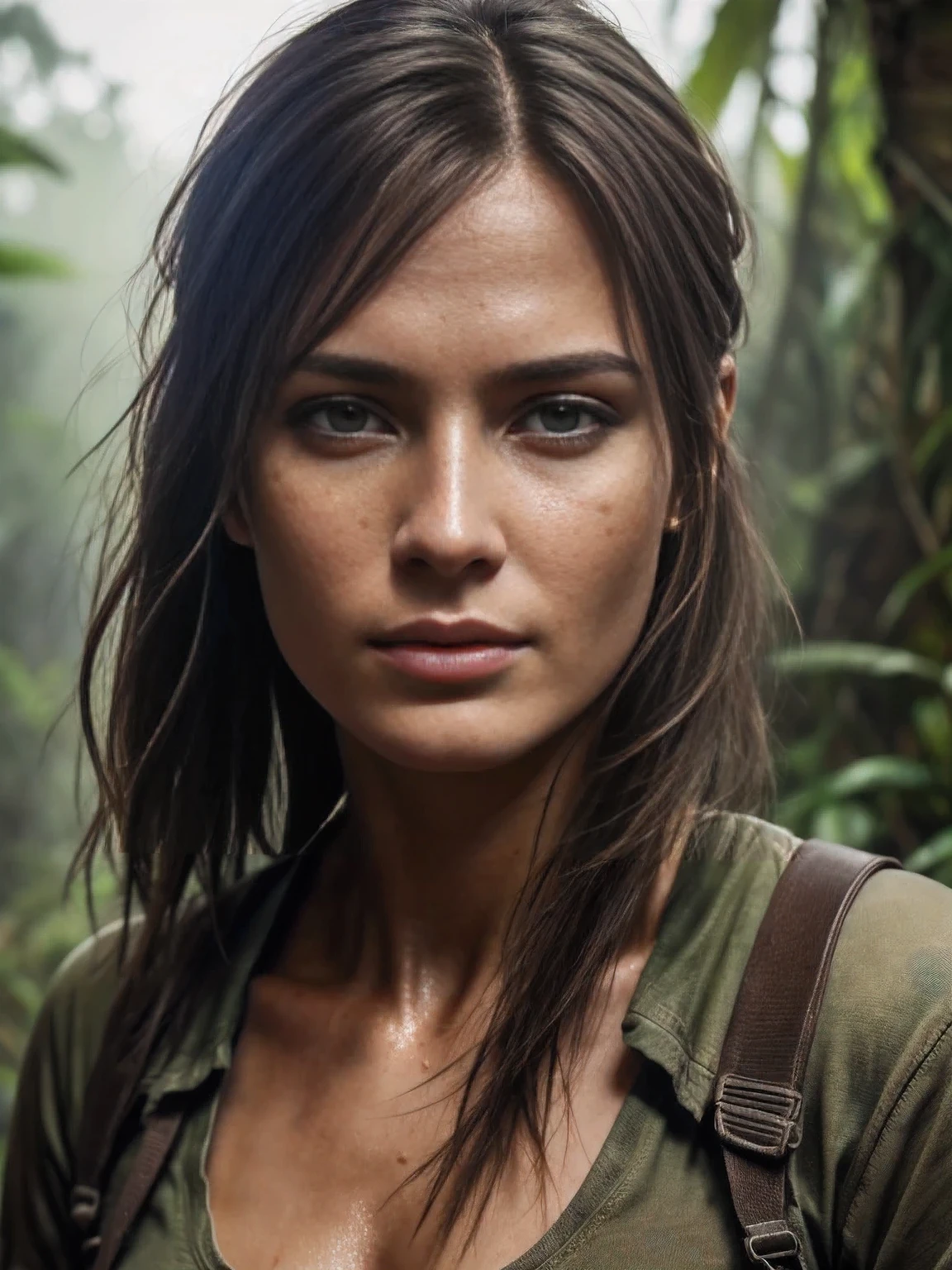 Close-Up of Face foto: russian Actress Оксана Акиньшина (25) as Lara Croft ,skinny ,young girl, Dirty shaggy hair, square haircut ,jungle,bad weather,action, adventures, action movie,photorealistic style,4K rendering,dirty clothes, HDR,imperfect sweaty skin, dirty clothes, Realistic lighting,High detail of face and skin,the smallest details of the skin,light freckles on the face,8k rendering,