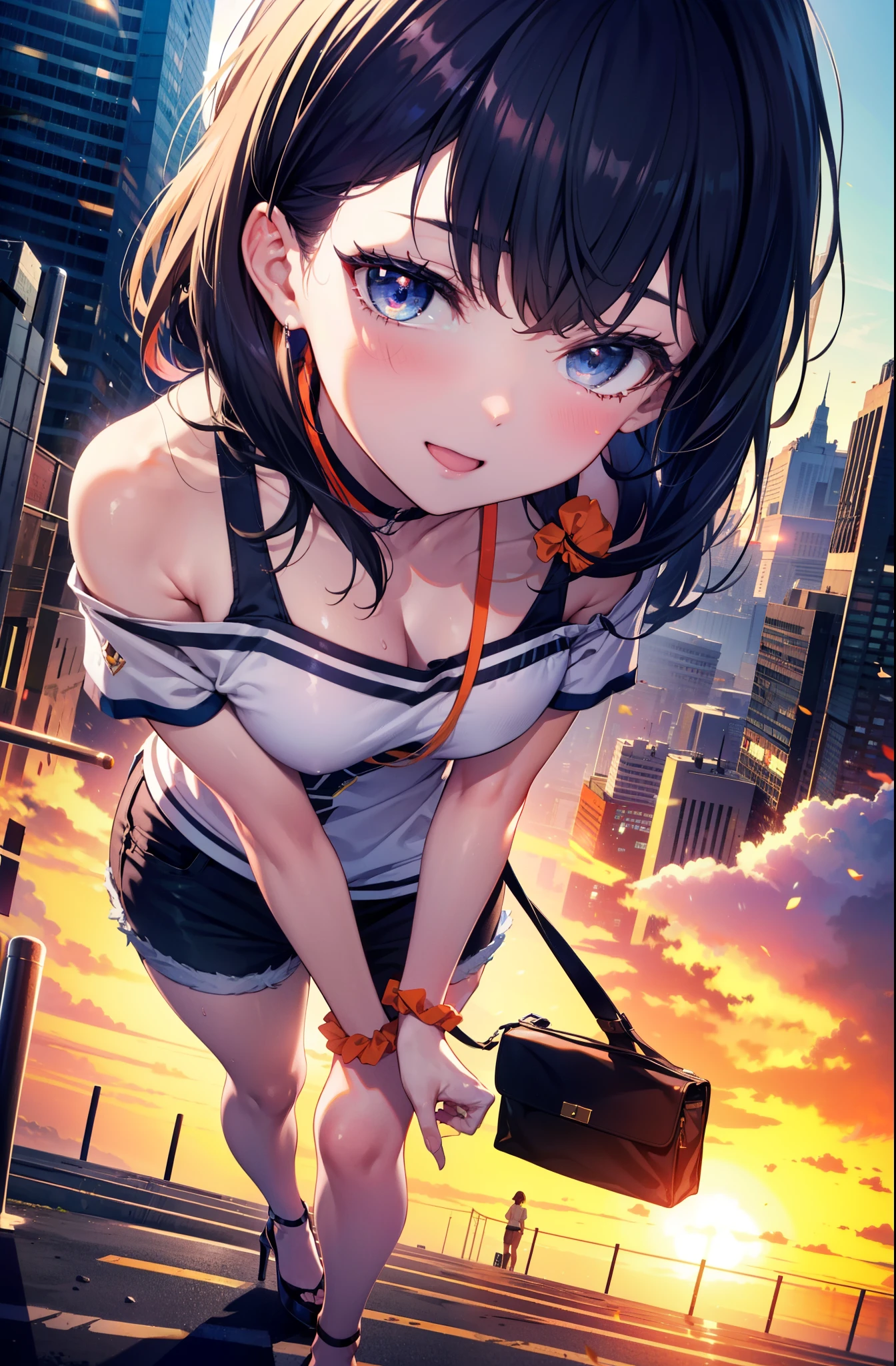 Rikka body, rikka takarada, Black Hair, blue eyes, Long Hair, orange Scrunchie, Scrunchie, wrist Scrunchie,happy smile, smile, Open your mouth,Cold shoulder tops,Short sleeve,Shorts,Stiletto heels,Walking,morning,morning陽,The sun is rising,So that the whole body goes into the illustration,Looking down from above,
Destroy outdoors, In town,Building district,
壊す looking at viewer, Systemic
break (masterpiece:1.2), highest quality, High resolution, unity 8k wallpaper, (figure:0.8), (Beautiful fine details:1.6), Highly detailed face, Perfect lighting, Highly detailed CG, (Perfect hands, Perfect Anatomy),