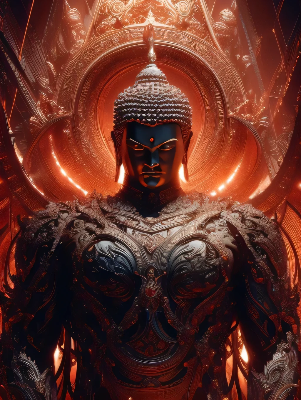 a strong and muscular buddha, Set your moves against the devil on an iron lotus, detailed and realistic, cinematic lighting, vibrant colors, dramatic composition, highly detailed, photorealistic, award winning digital art, intricate details, 8k, best quality, masterpiece, buddha fighting with evil 