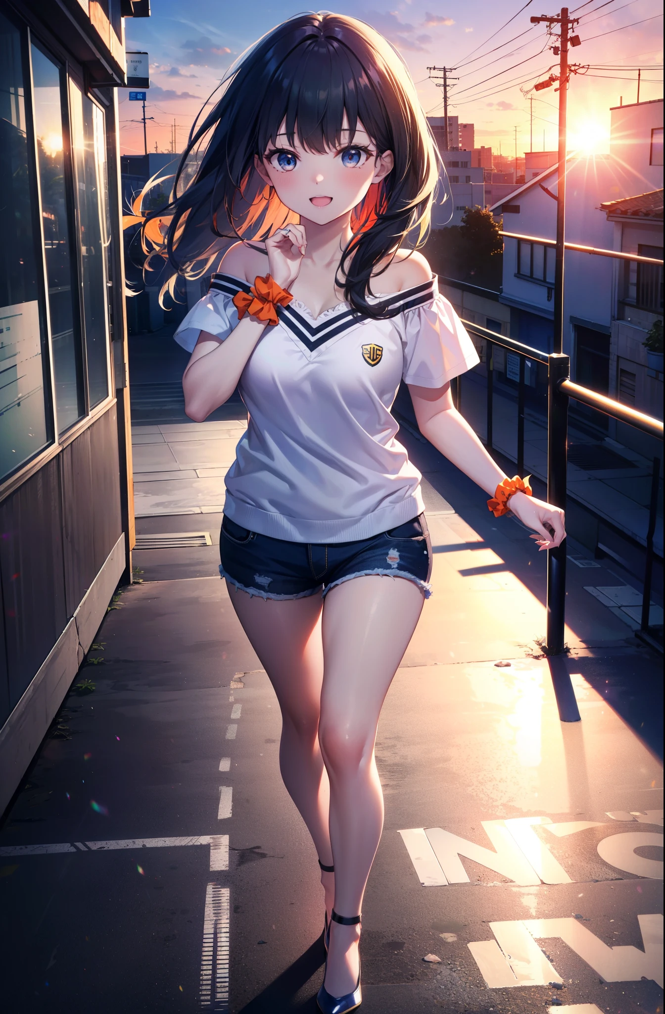 Rikka body, rikka takarada, Black Hair, blue eyes, Long Hair, orange Scrunchie, Scrunchie, wrist Scrunchie,happy smile, smile, Open your mouth,Cold shoulder tops,Short sleeve,Shorts,Stiletto heels,Walking,morning,morning陽,The sun is rising,So that the whole body goes into the illustration,Looking down from above,
Destroy outdoors, In town,Building district,
壊す looking at viewer, Systemic
break (masterpiece:1.2), highest quality, High resolution, unity 8k wallpaper, (figure:0.8), (Beautiful fine details:1.6), Highly detailed face, Perfect lighting, Highly detailed CG, (Perfect hands, Perfect Anatomy),