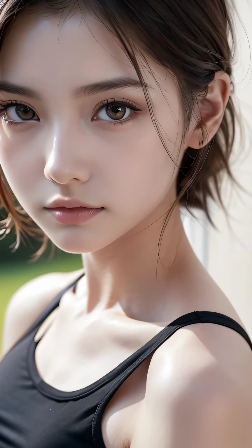 photorealistic Realism 16K Quality, (Ultra high-res Realistic eyes, clear sharp, absurd details quality eyes, not blurry), (([eyes|eyeshadows]:[brown|pink])), ((portrait)) a cute 1model:1.4 24yo, ((anatomically correct)), ((perfect proportions)), dslr, best high quality soft lighting, sharp focus captured by Fujifilm XT3, f 5.6, in a dramatic lighting, l (perfect composition), ((pale skin)), ((dry skin)), ([tight sleeveless (sports tank top)]:[BLACK]), (half body shot), ((close up of her face:1.21)),