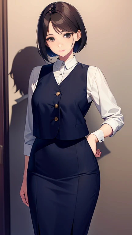 Elegant shorthair、Full body photo、45-year-old office lady、Intelligent married woman、Beautifully detailed hair、Beautiful and detailed brown eyes、beautiful flat chest、Beautiful, clear skin、Medium chest、Office worker uniform、A crew neck cut and sew shirt with a plain blue vest、Woman&#39;s wedding ring on the ring finger of her left hand、青色の膝下丈くらいのOffice worker uniformのペンシルスカート、Embarrassed face,surprise,I&#39;m happy and embarrassed