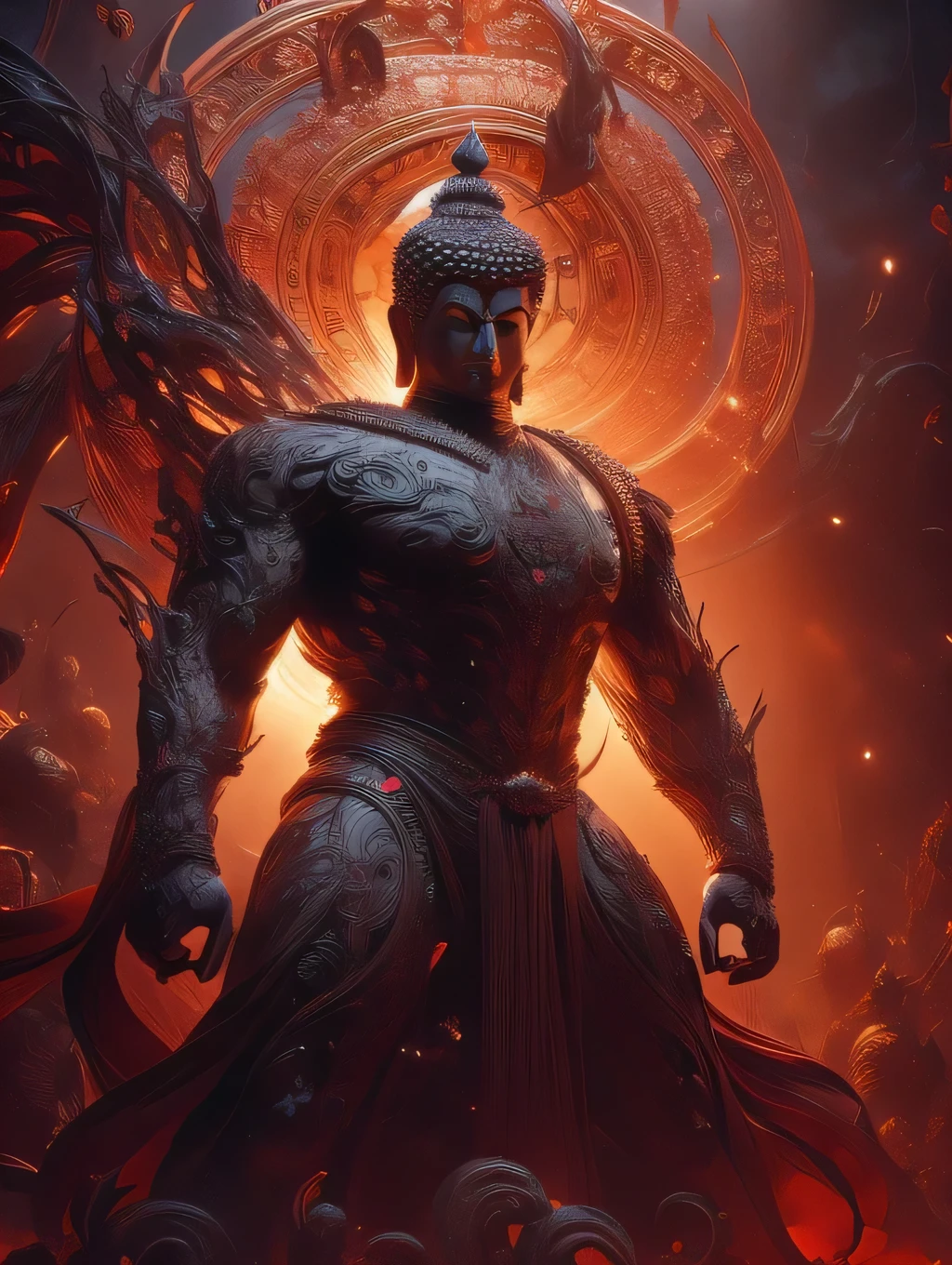 a strong and muscular buddha, Set your moves against the devil on an iron lotus, detailed and realistic, cinematic lighting, vibrant colors, dramatic composition, highly detailed, photorealistic, award winning digital art, intricate details, 8k, best quality, masterpiece, buddha fighting with evil 